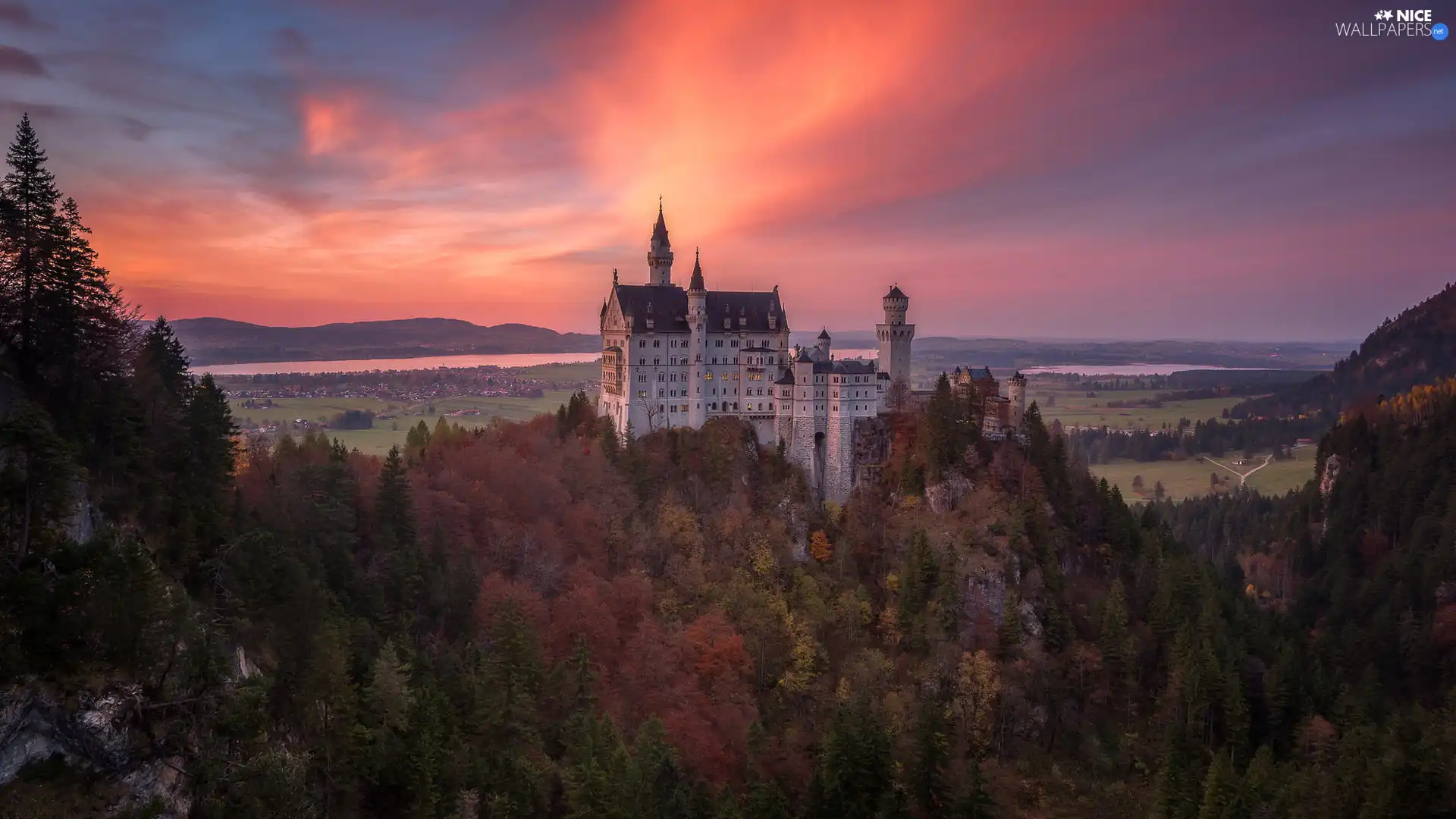 Neuschwanstein Castle, forest, Great Sunsets, trees, clouds, Bavaria, Germany, viewes