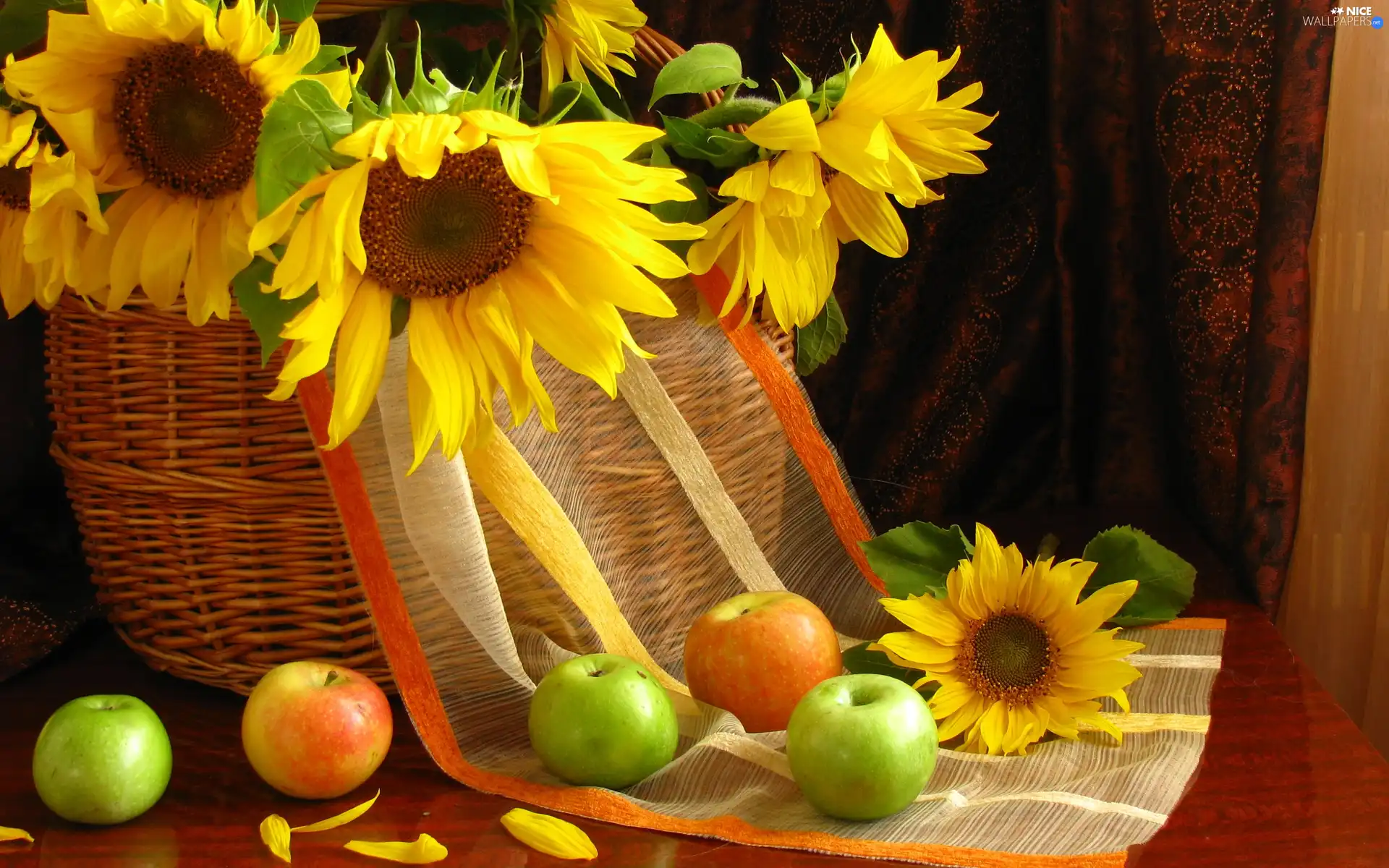 apples, basket, Nice sunflowers