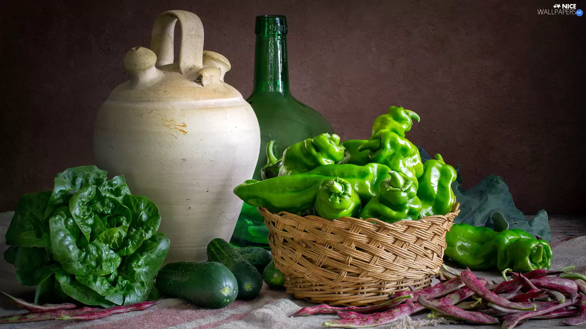 green ones, composition, vegetables, lettuce, pitcher, Nice Bottle, cucumbers, basket, pepper