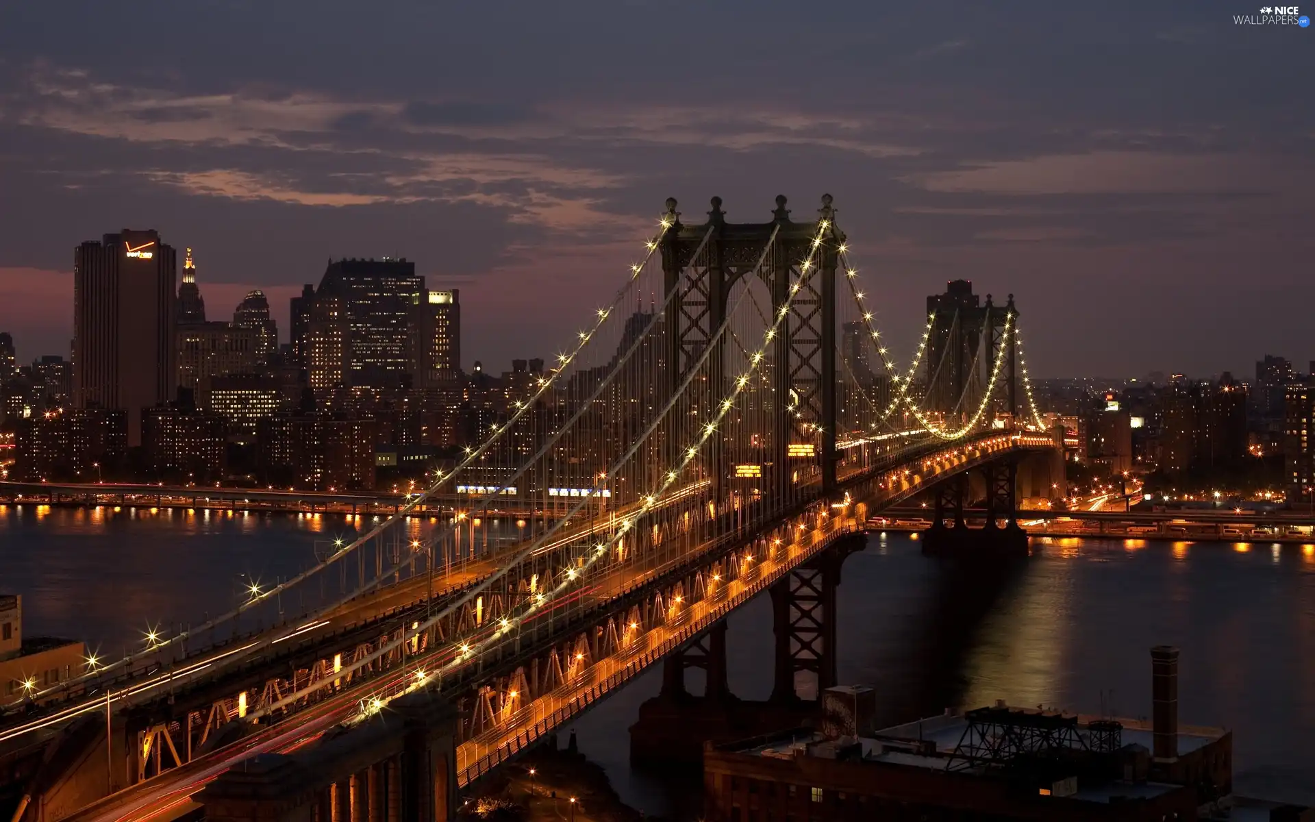 Brooklyn, York, town, bridge, New, panorama, Night