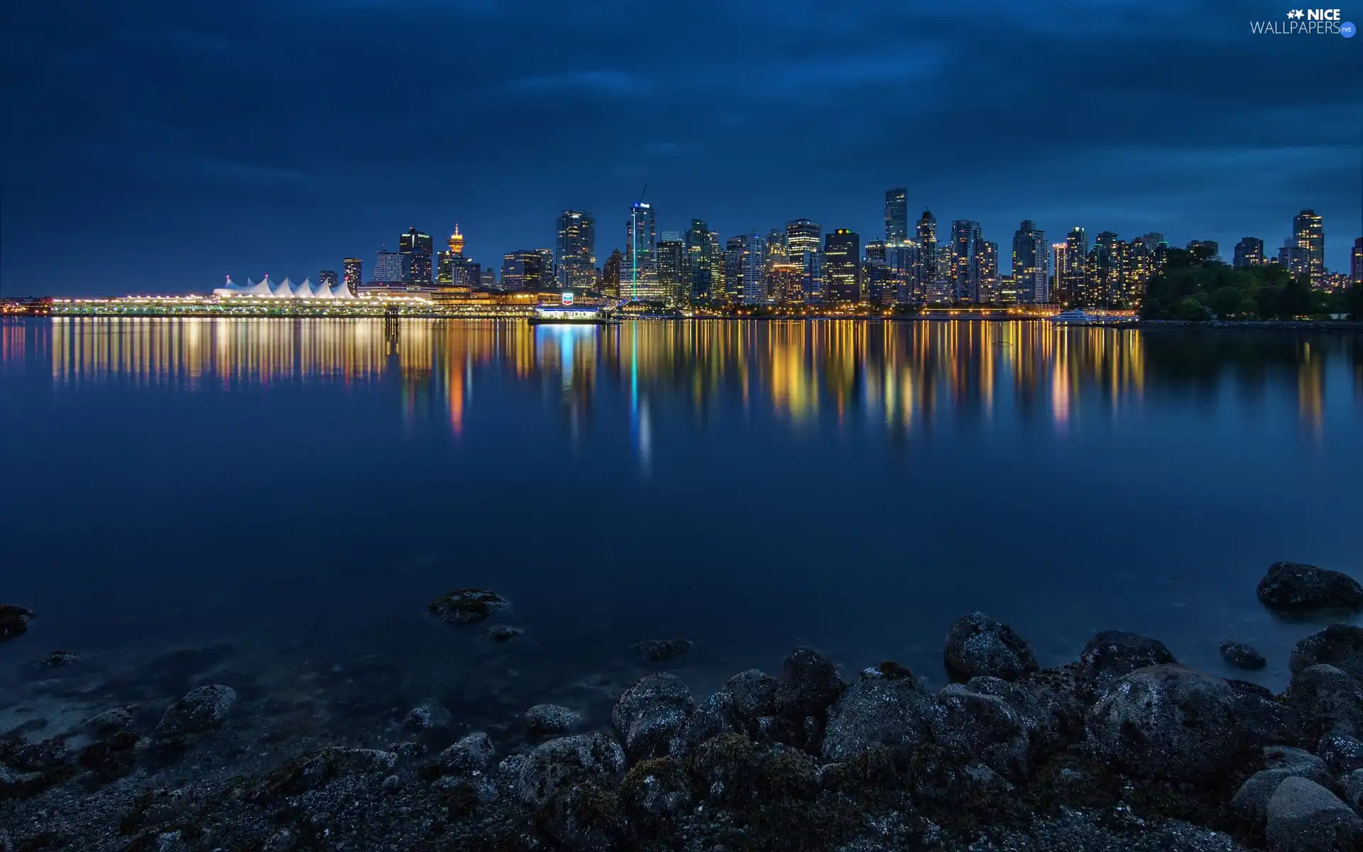Stanley Park, Gulf, Picture of Town, coast, Night, Vancouver, Canada, Stones
