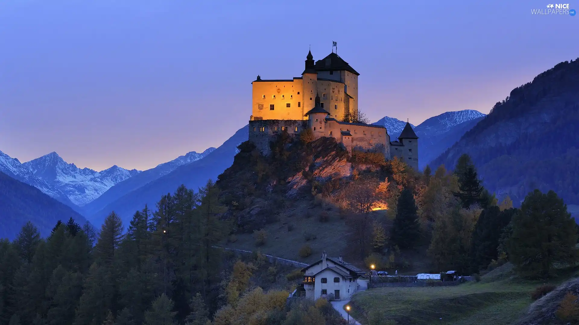 Castle, woods, Night, Mountains