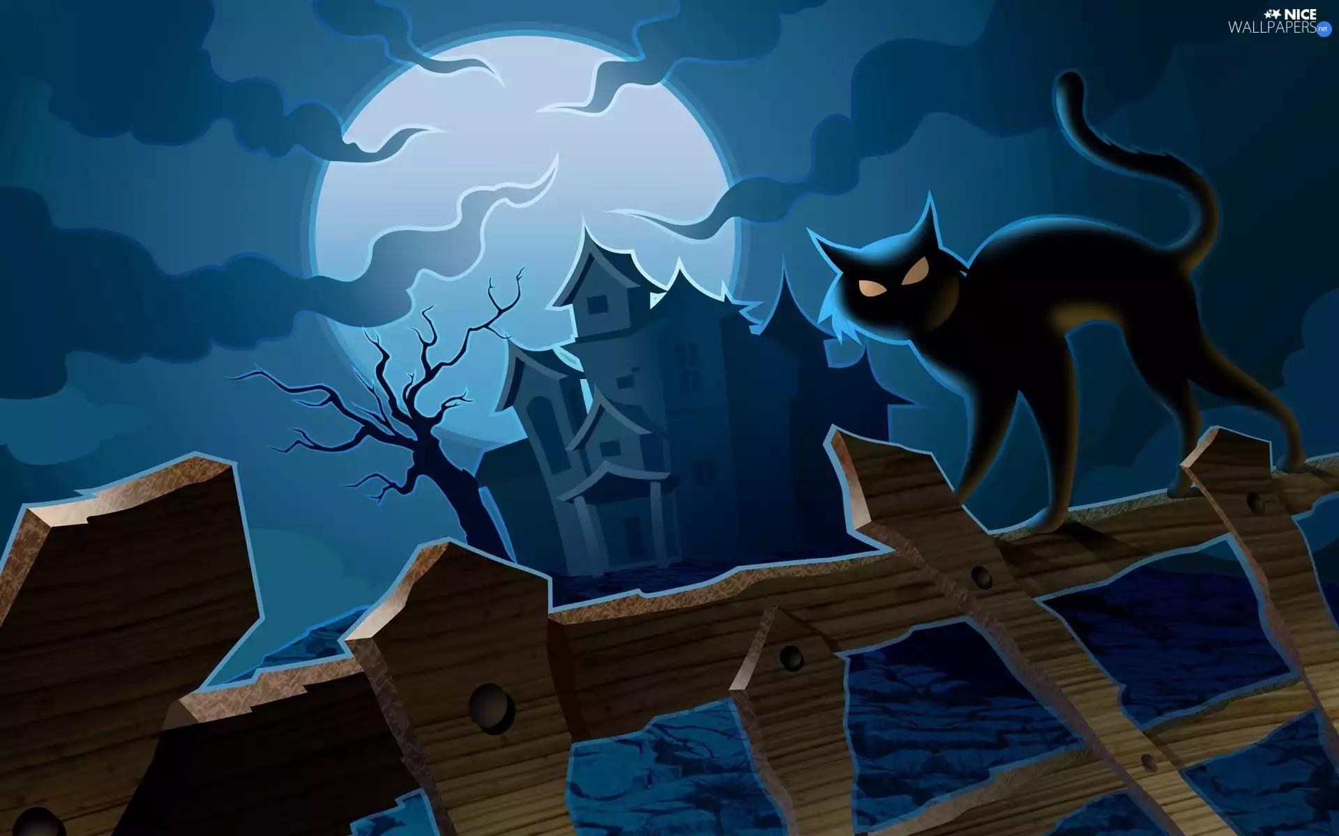 Fance, halloween, moon, Night, house, cat
