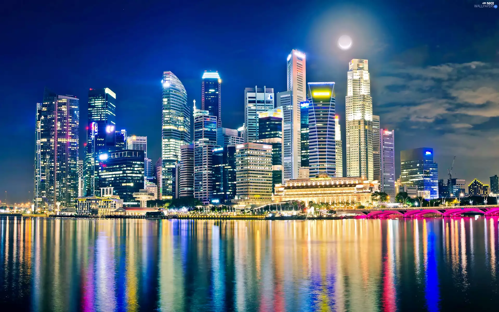 moon, skyscrapers, Town, night, Singapur, clouds