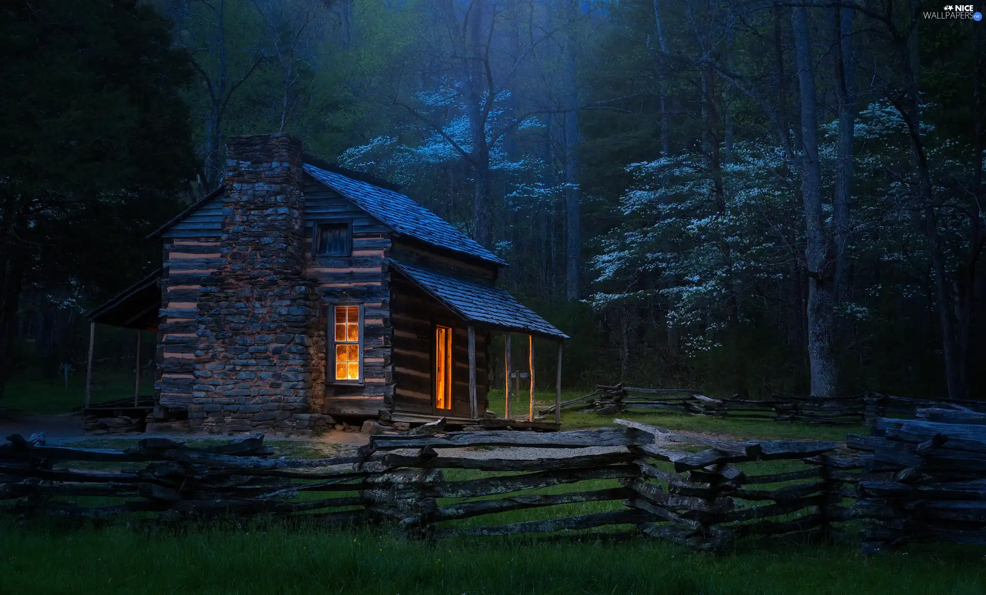 house, Wooden, forest, Night, fence, cottage