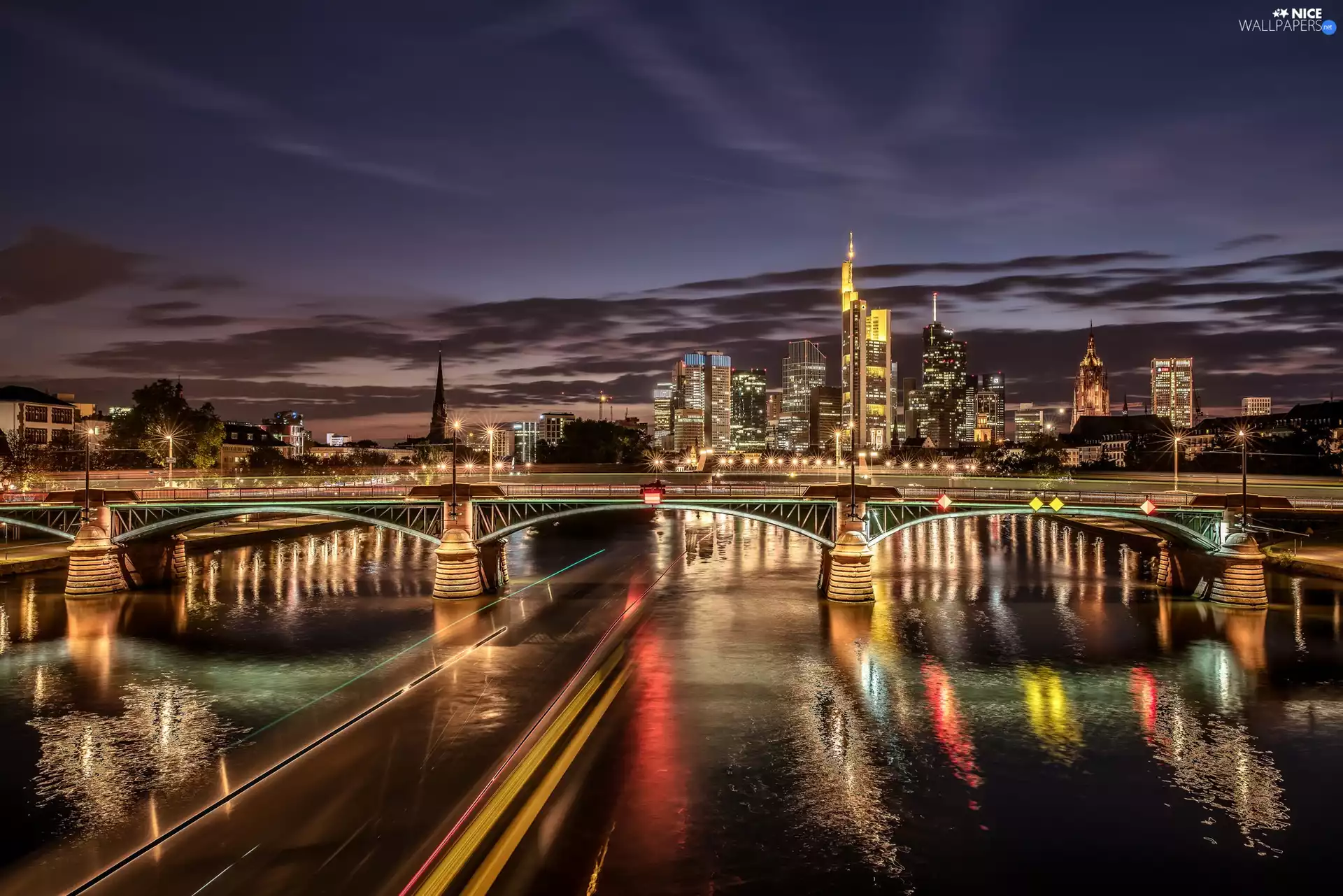 River, Germany, Town, Night, bridge, Frankfurt