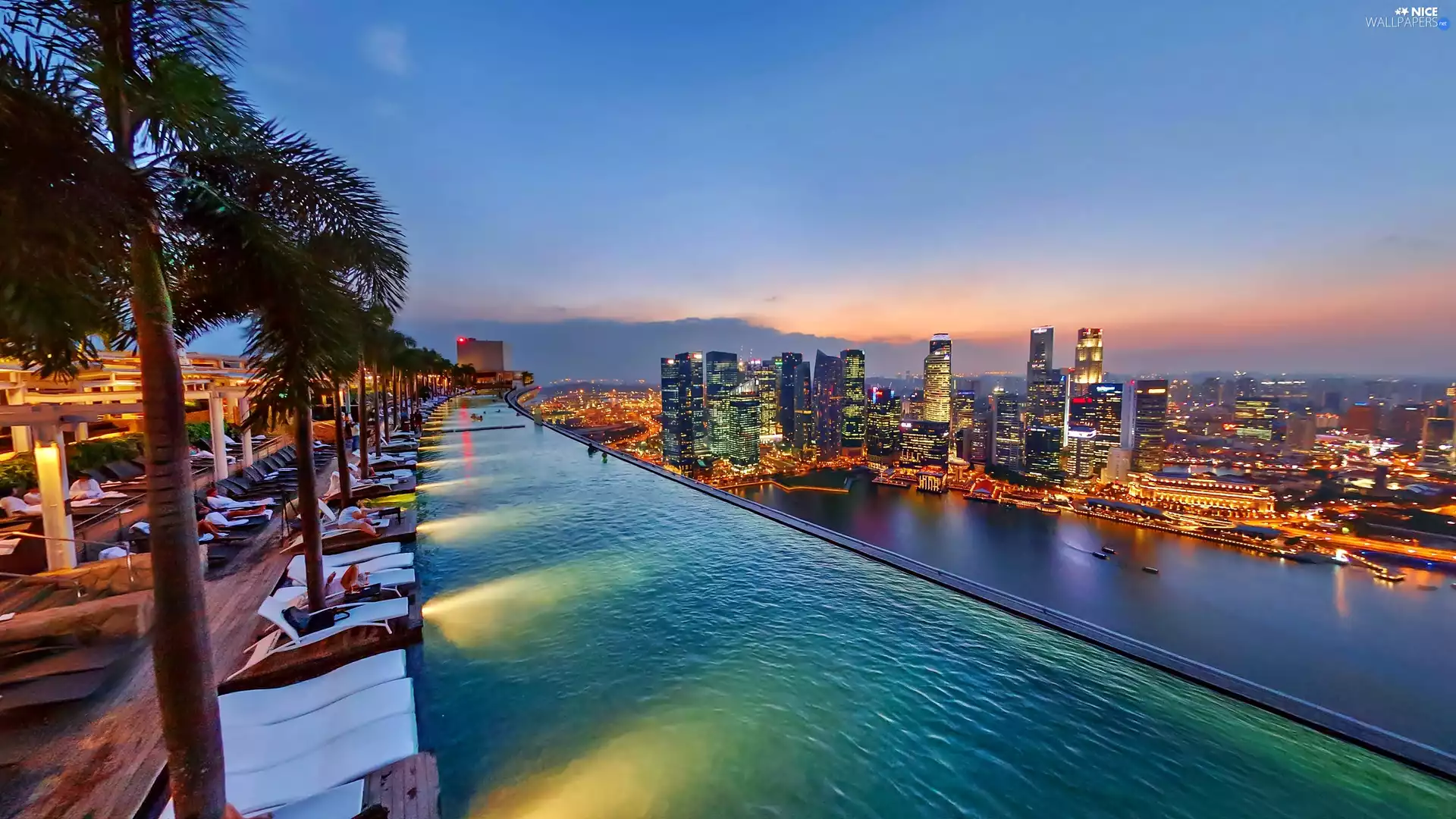 On Roof, Pool, Marina, Bay, Singapore, night, Hotel hall, panorama, Stands