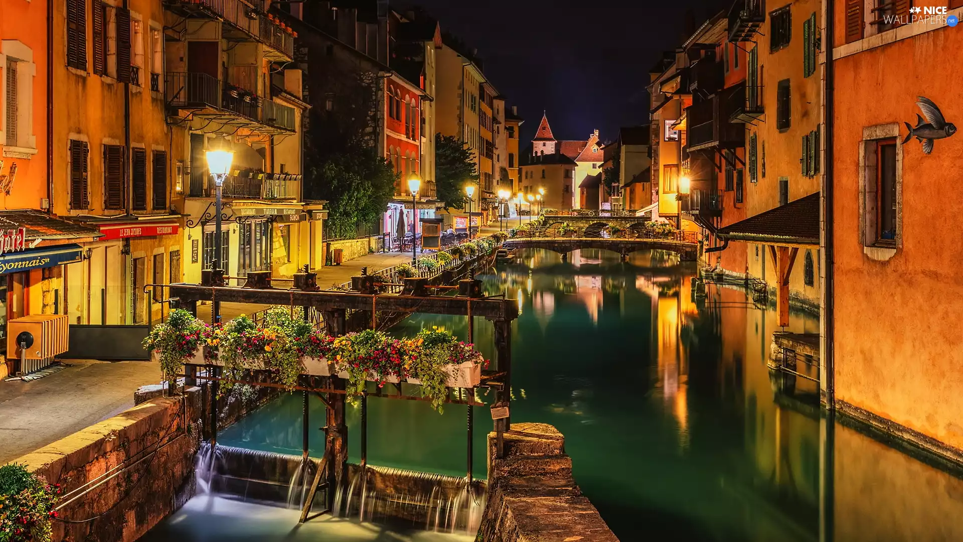 Bridges, color, River, Night, canal, Houses