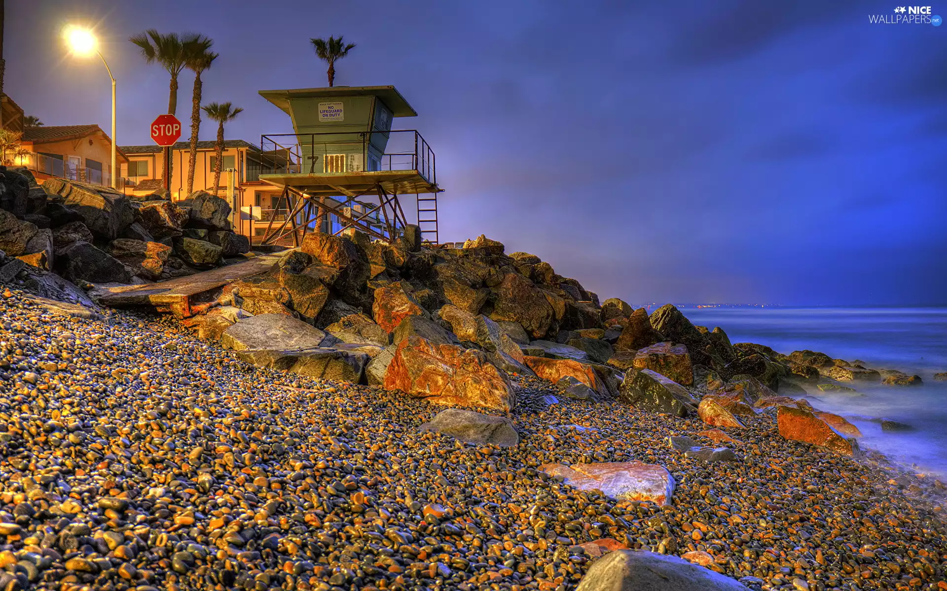 Lighthouse, Night, Houses, Stones, sea