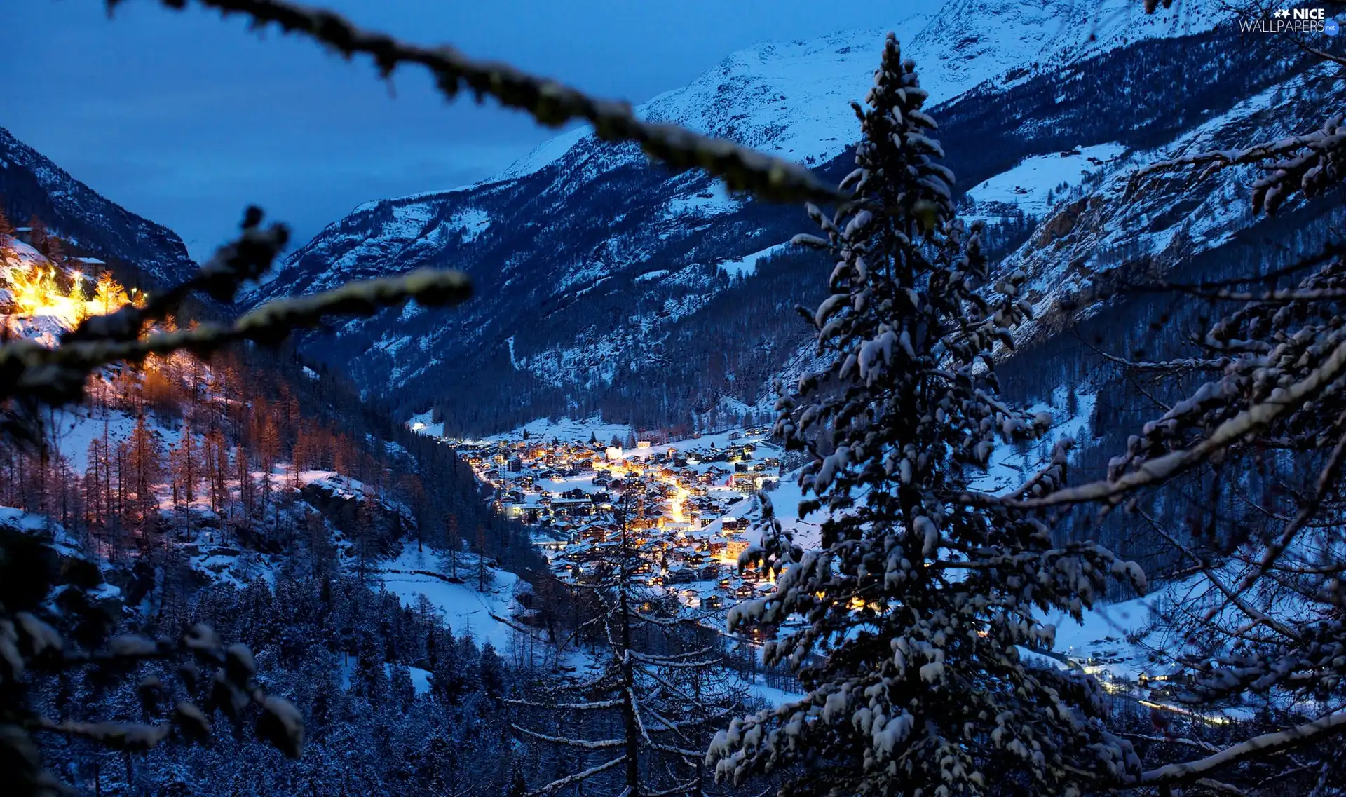 Switzerland, Mountains, Night, Houses, winter, Alps