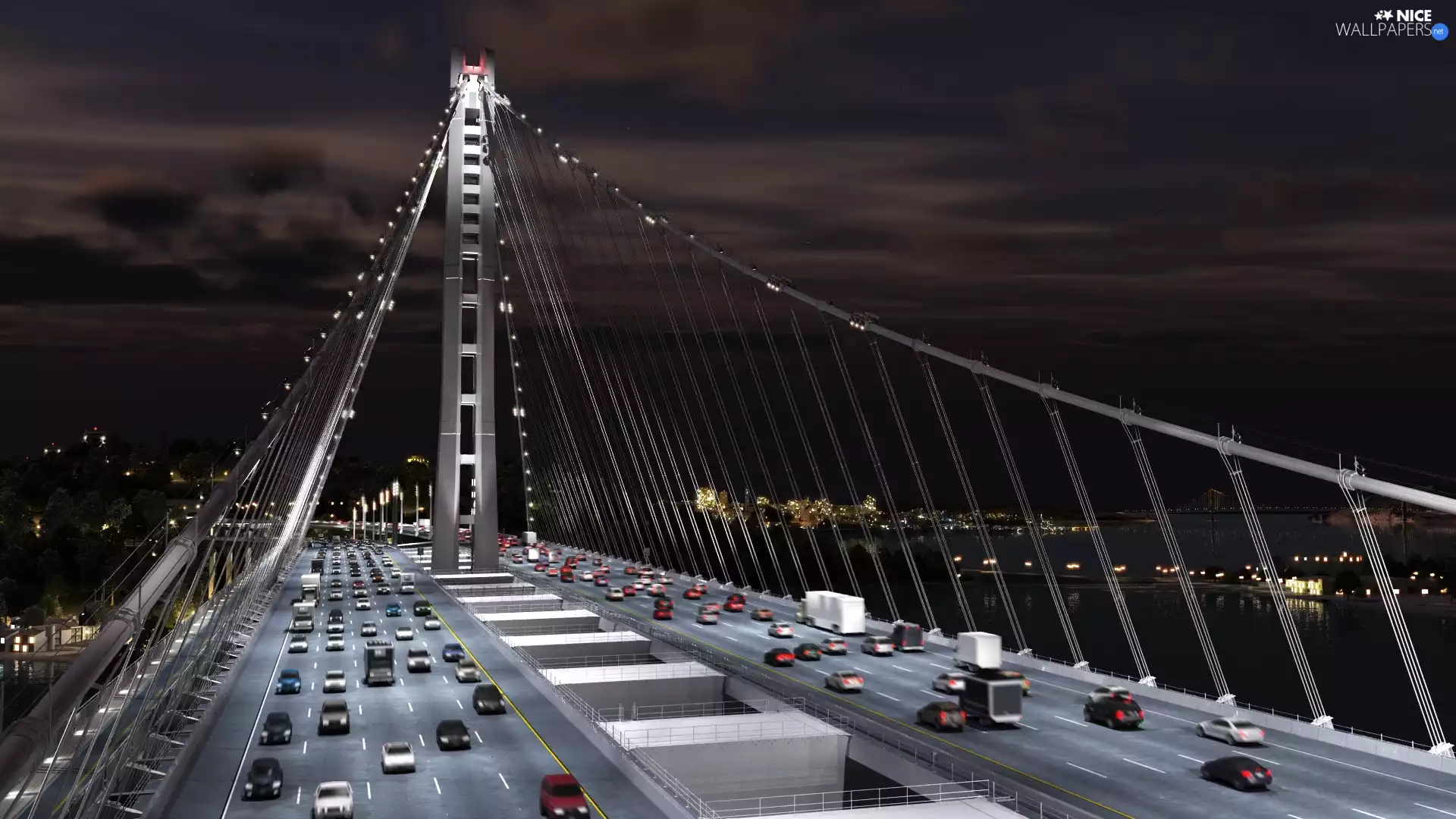 bridge, Night, light, Oakland Bay