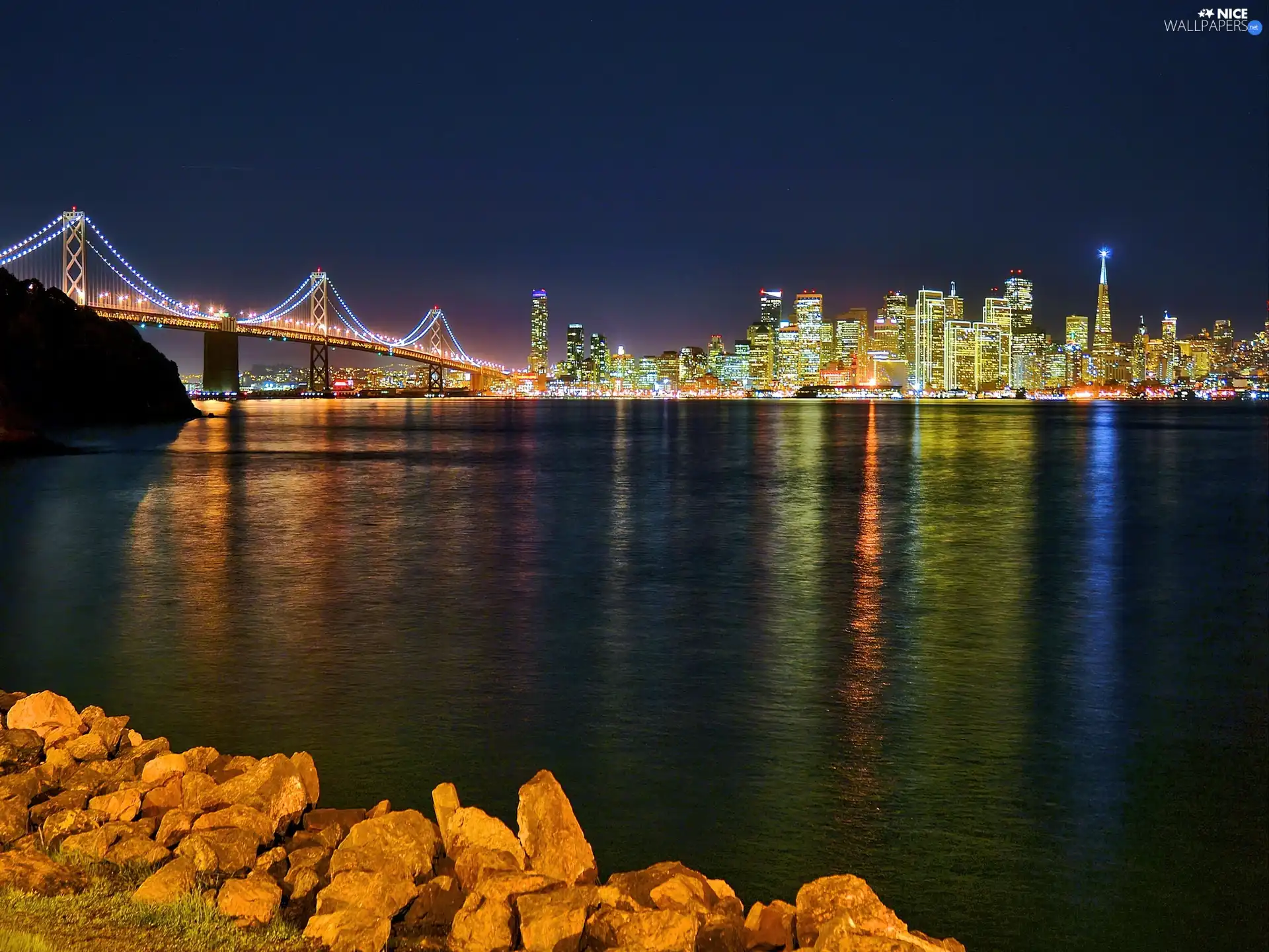 Night, light, town, bridge, panorama