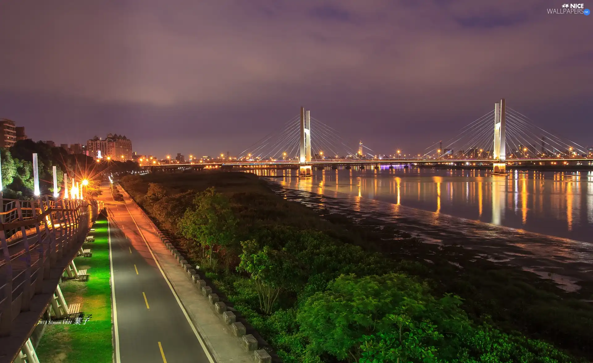 Night, light, bridge, Town, River