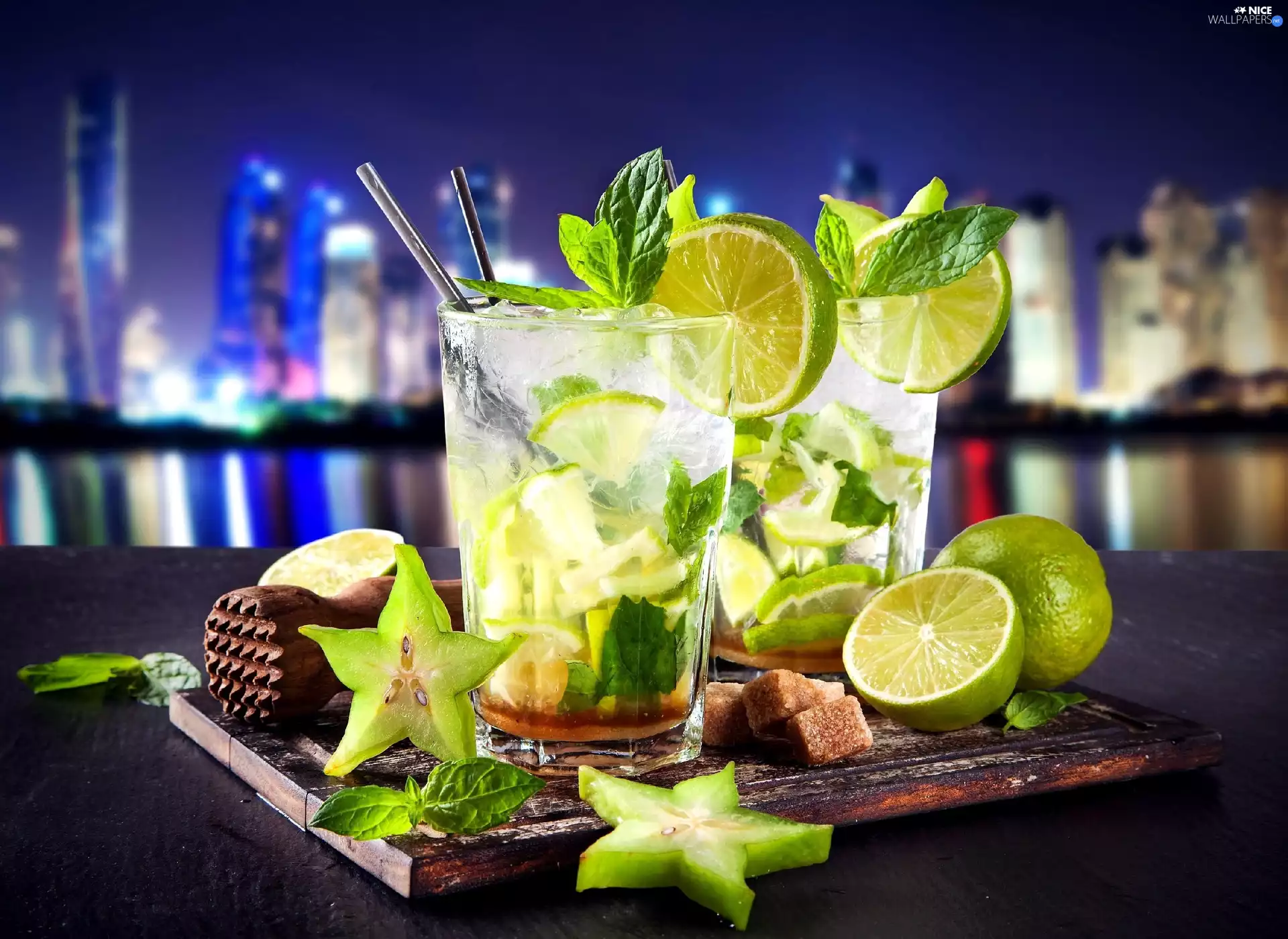 town, Night, Mojito, panorama, drinks