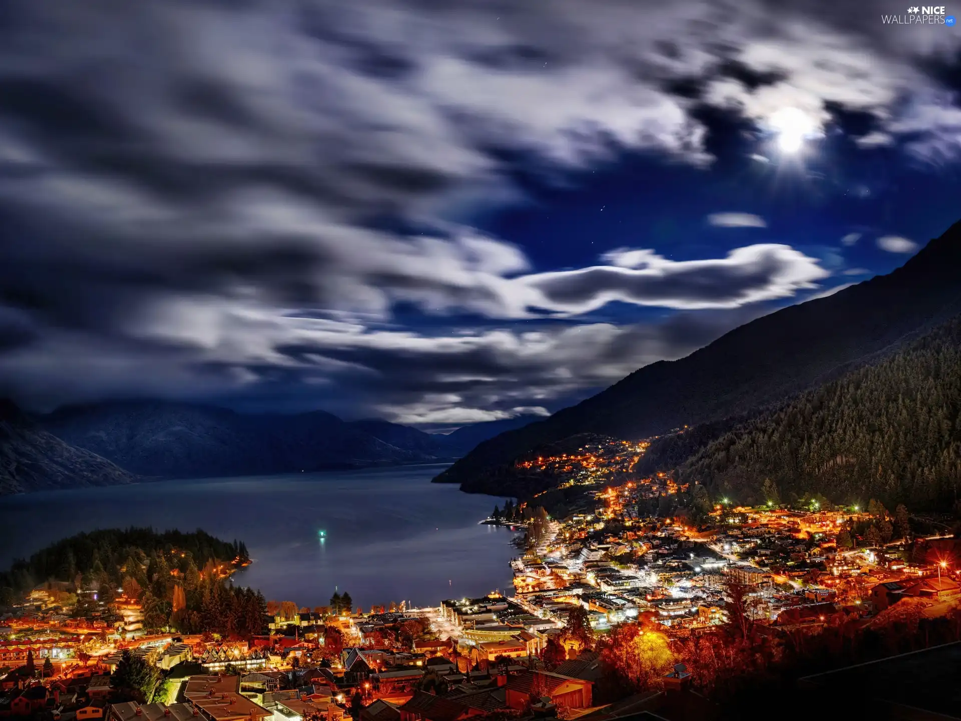 Mountains, Town, night, lake