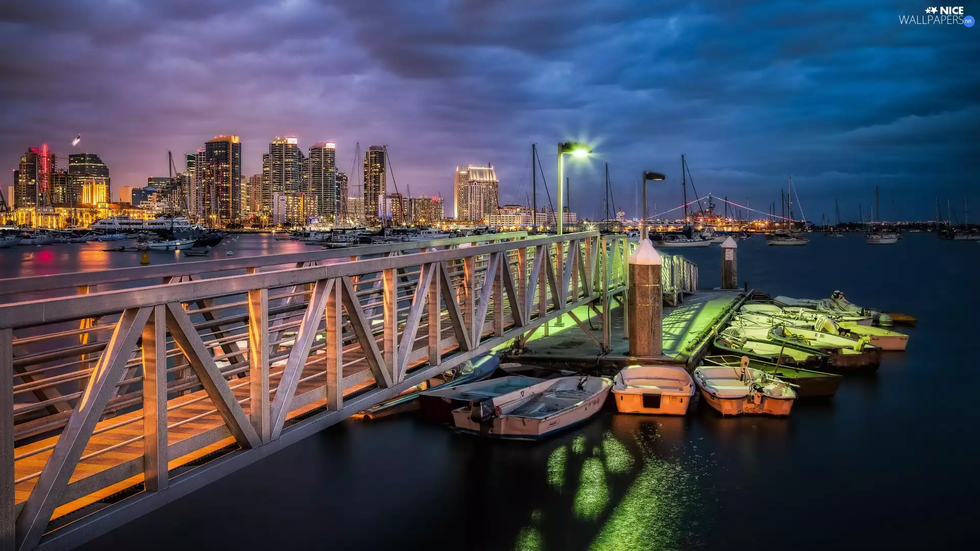Town, Night, pier, boats, Harbour