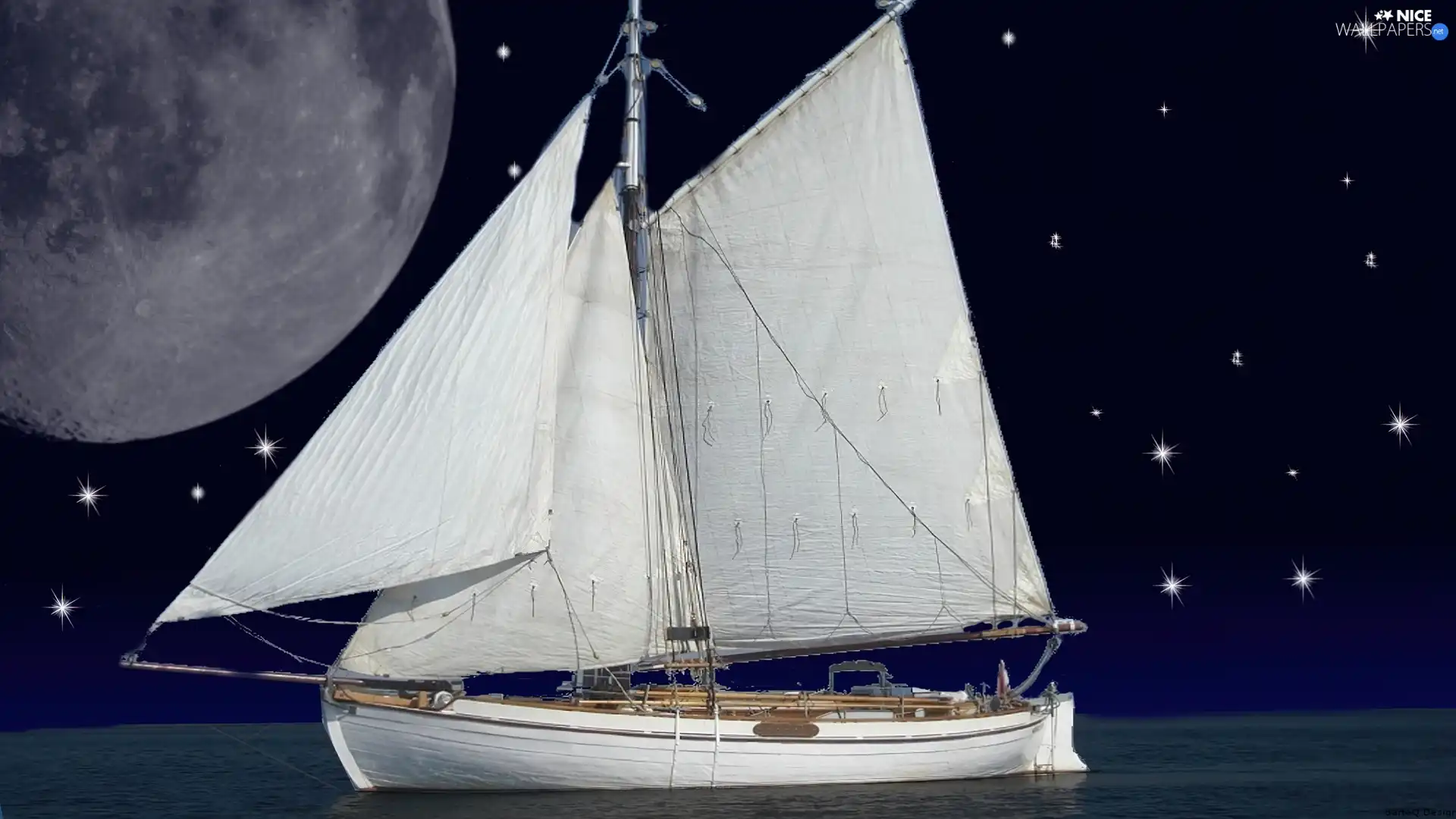 moon, sailing vessel, Night