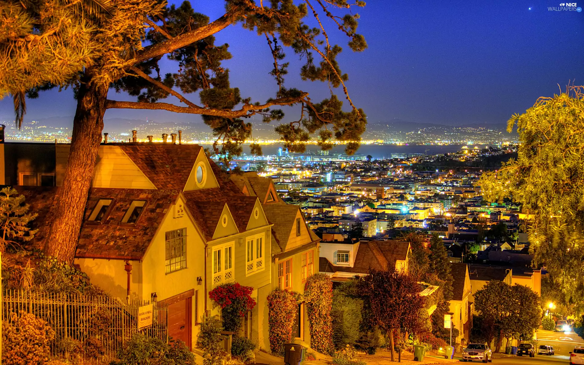 town, Night, Street, panorama, Houses