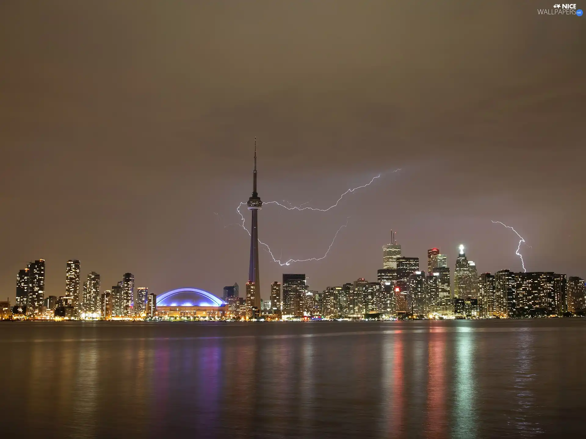 CN Tower, lightning, Night, Ontario