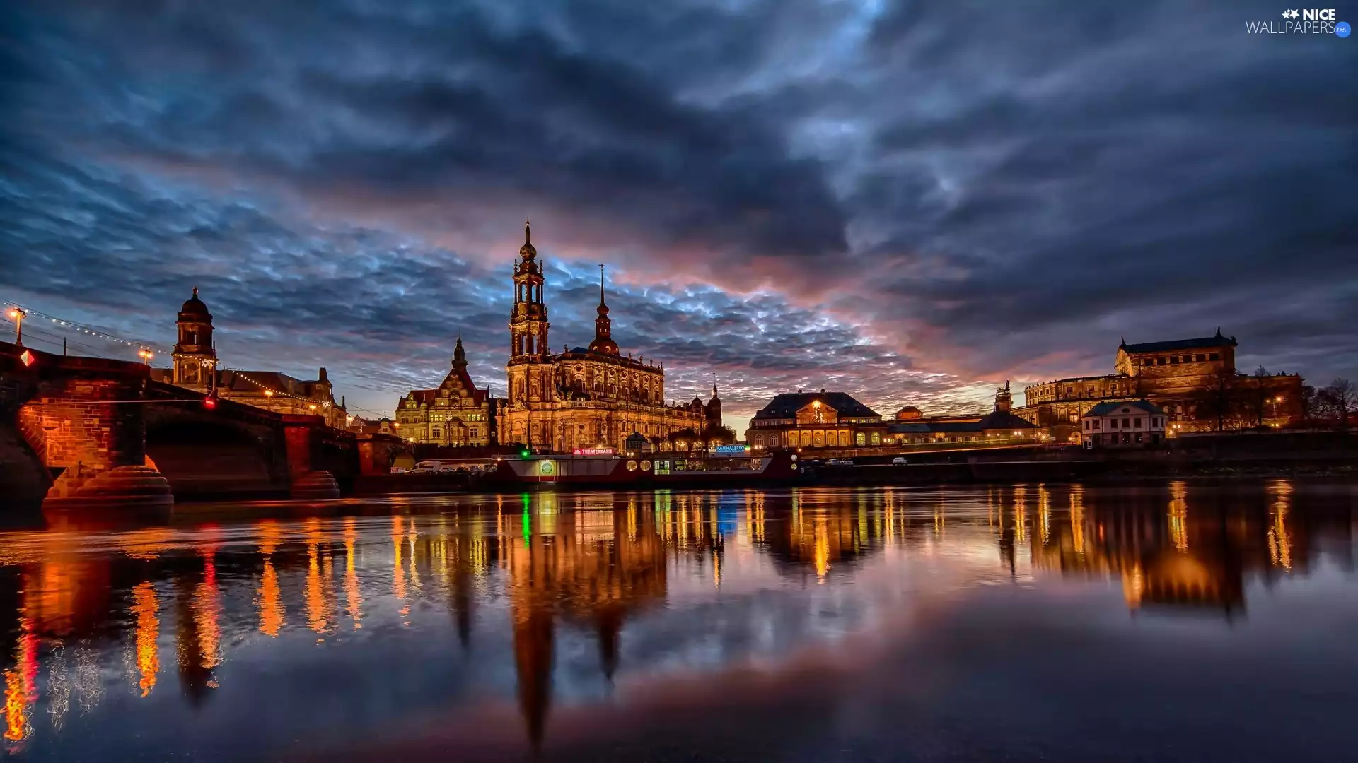 Town, River, Castle, night