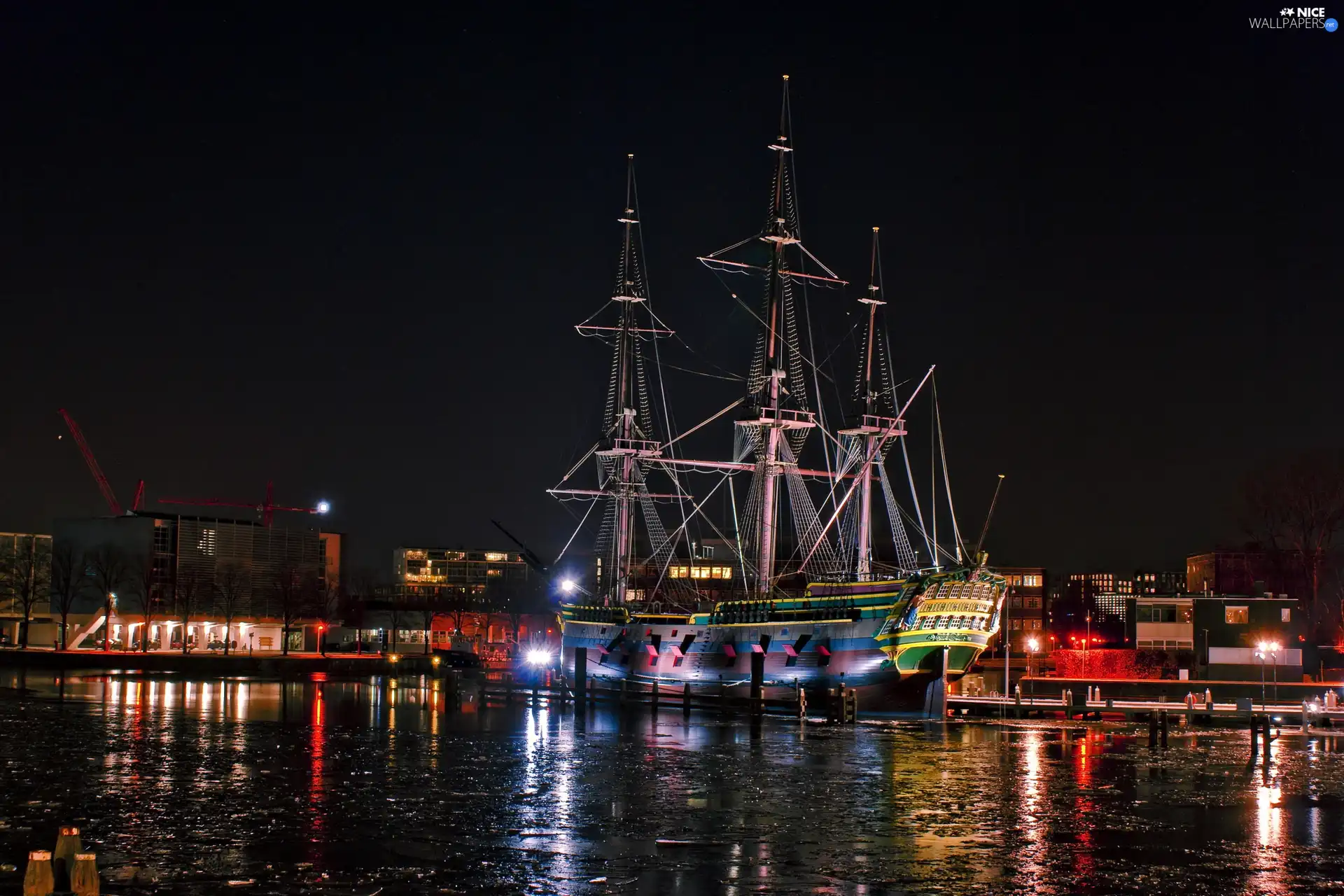 sailing vessel, port, Night, Masts