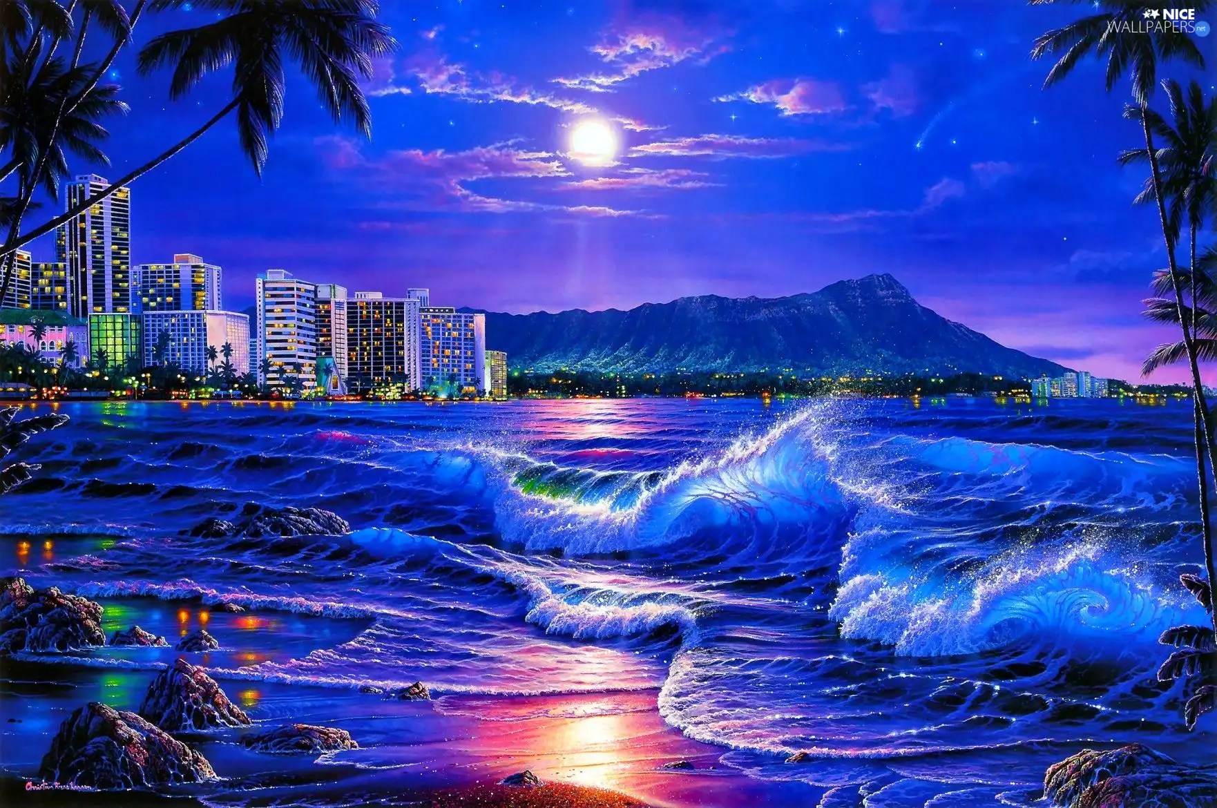 Waves, Town, Night, Coast