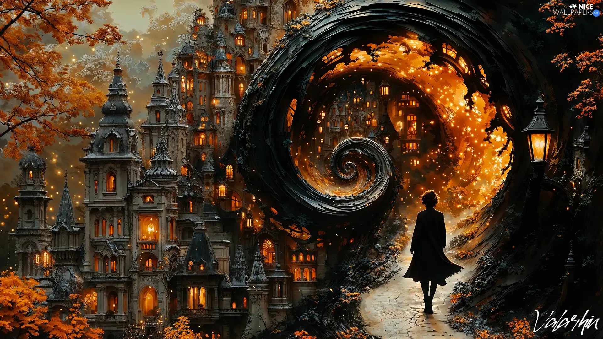 Night, graphics, illuminated, Houses, Lighthouse, fantasy, Way, Women, spiral