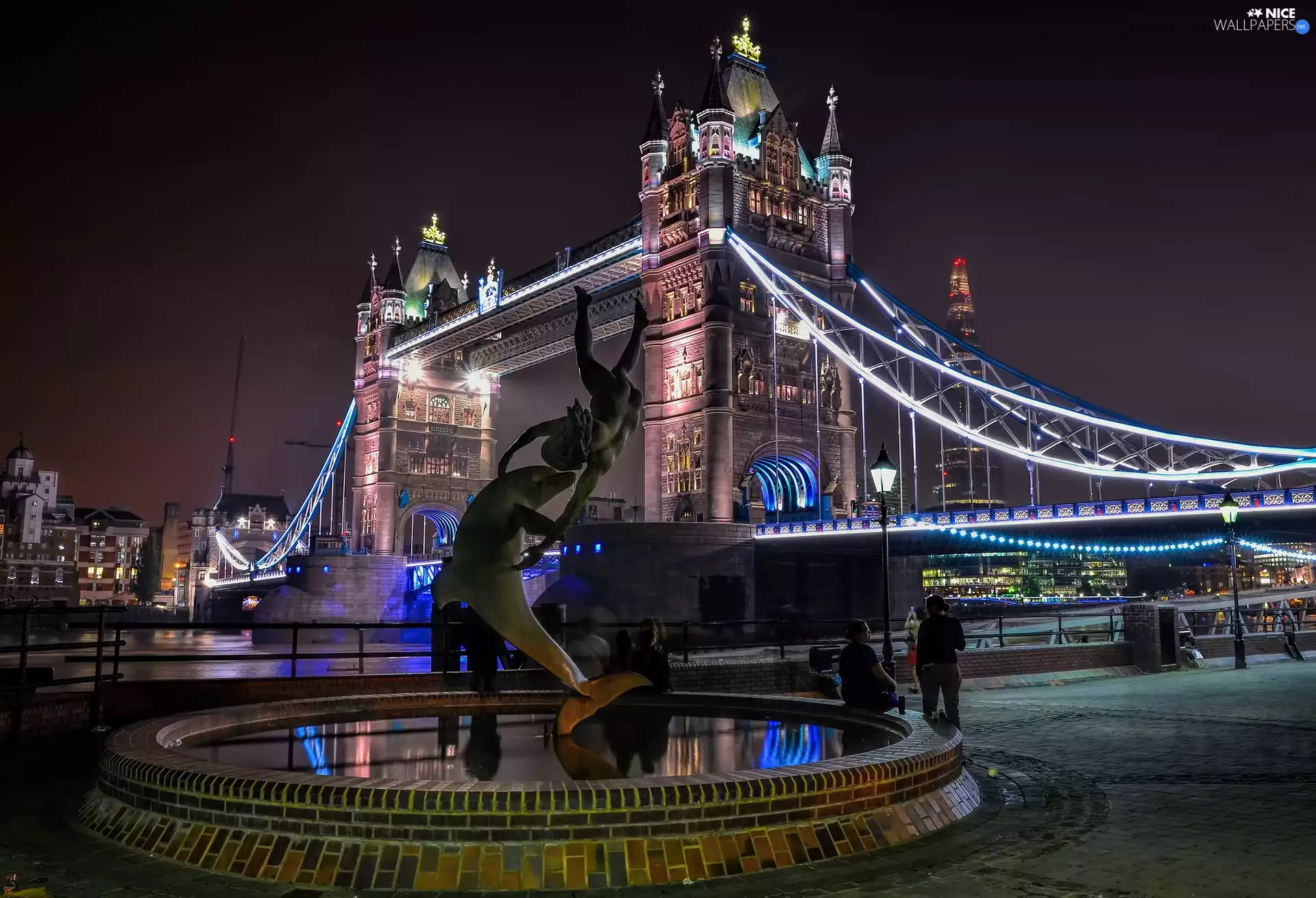 Night, London, Statue, Tower Bridge, Girl with a Dolphin