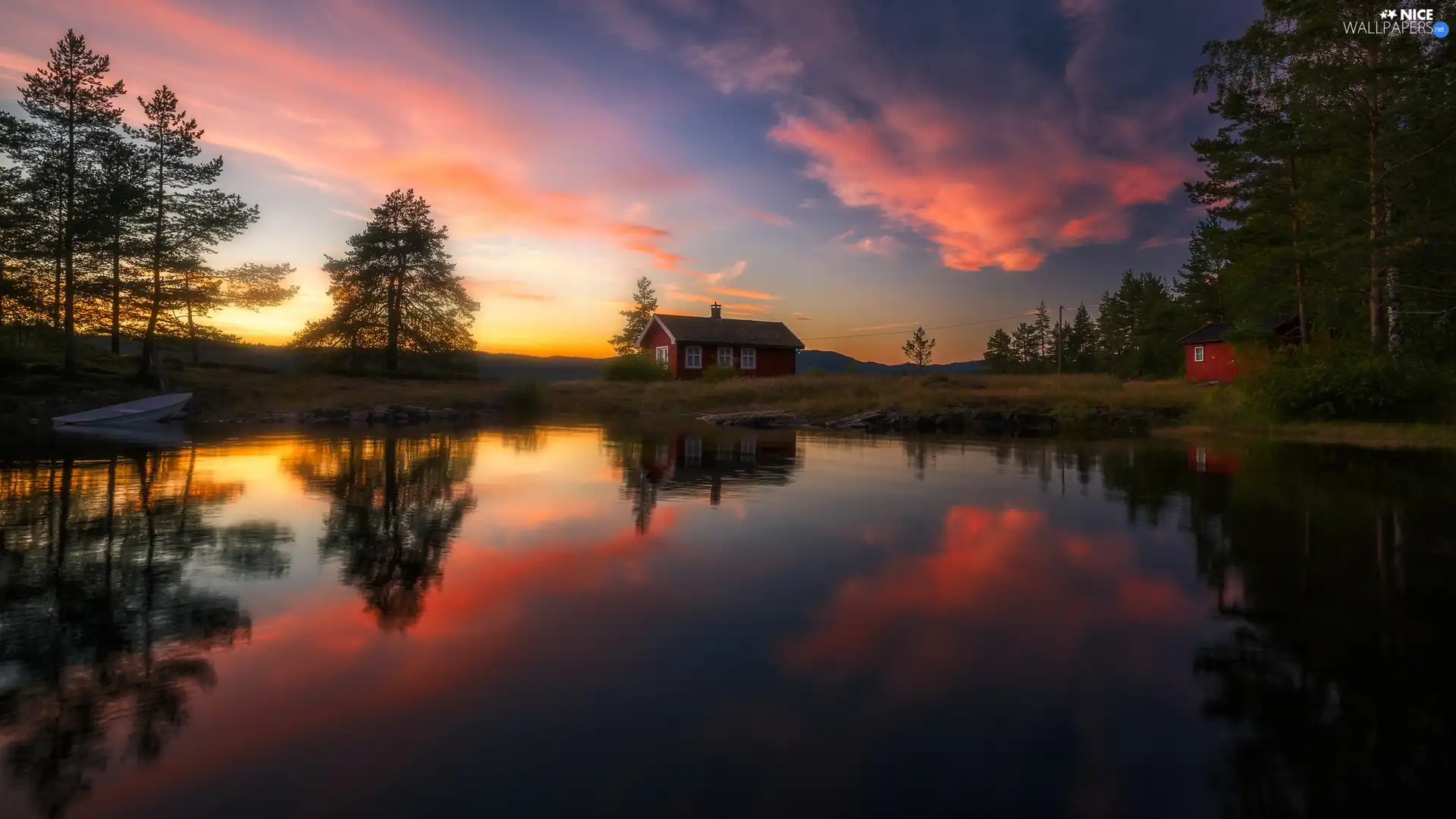 house, viewes, Boat, evening, house, Ringerike, trees, clouds, Norway, Great Sunsets, reflection, Vaeleren Lake