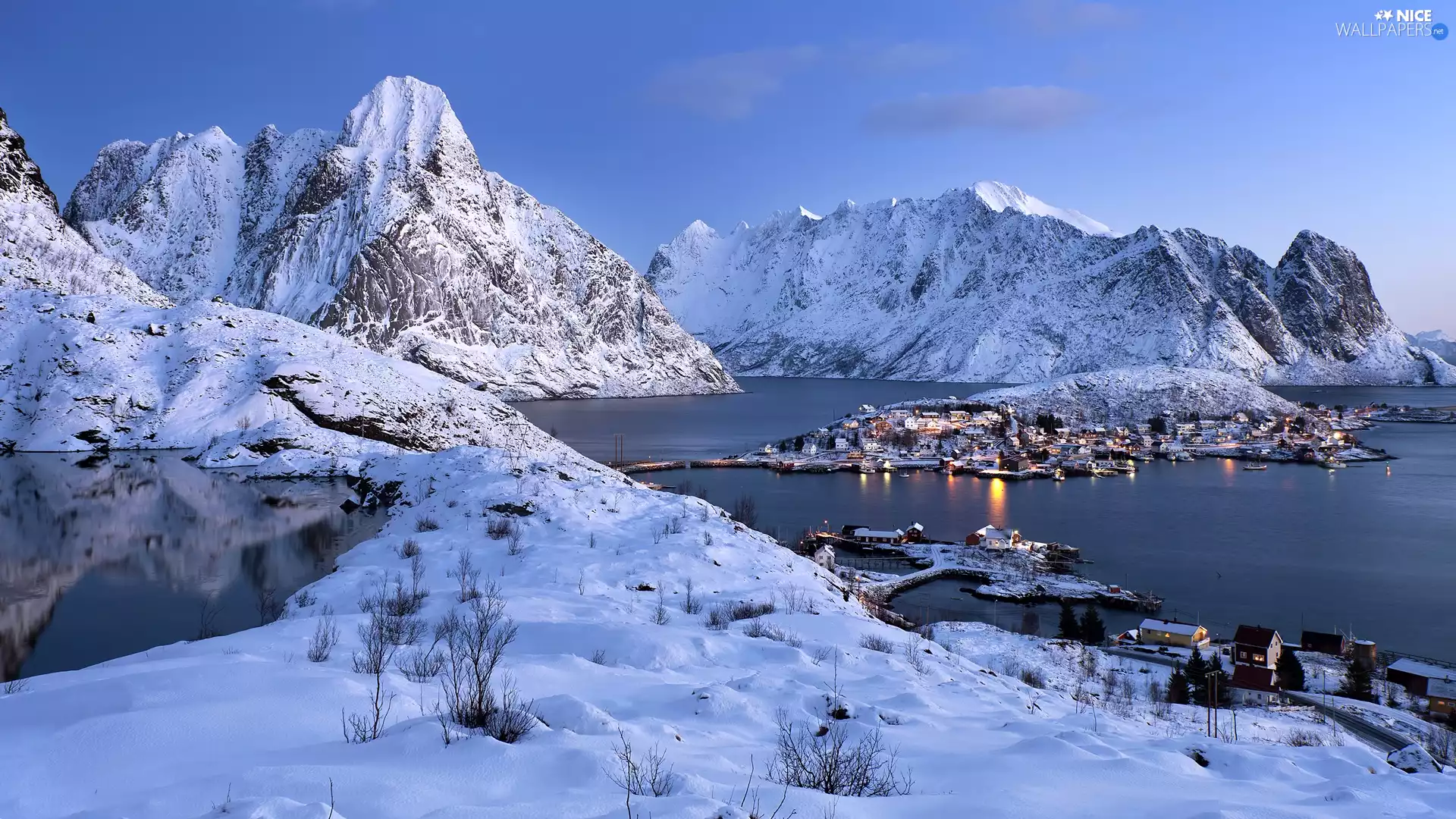 Reine Village, Lofoten, Houses, Moskenesoya Island, Norway, Norwegian Sea Winter, Mountains