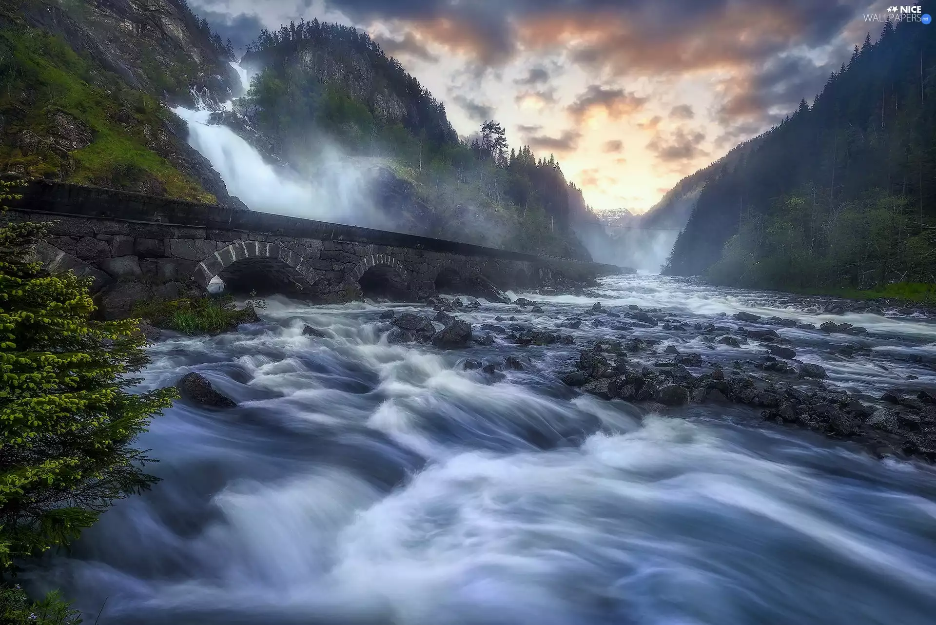 forest, Mountains, River, Odda Commune, rocks, Latefossen Waterfall, bridge, Norway, clouds, Stones