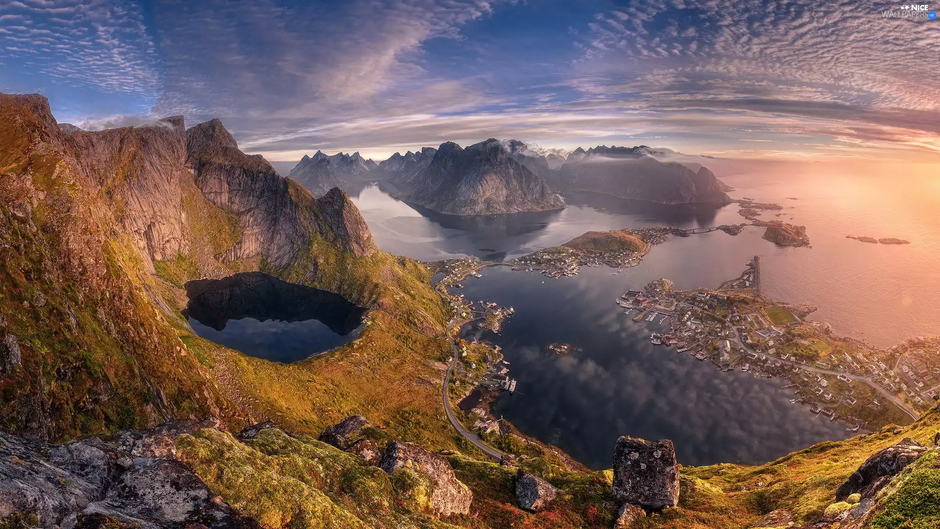 Norwegian Sea, Mountains, Aerial View, rocks, Villages, Lofoten, Norway, Houses