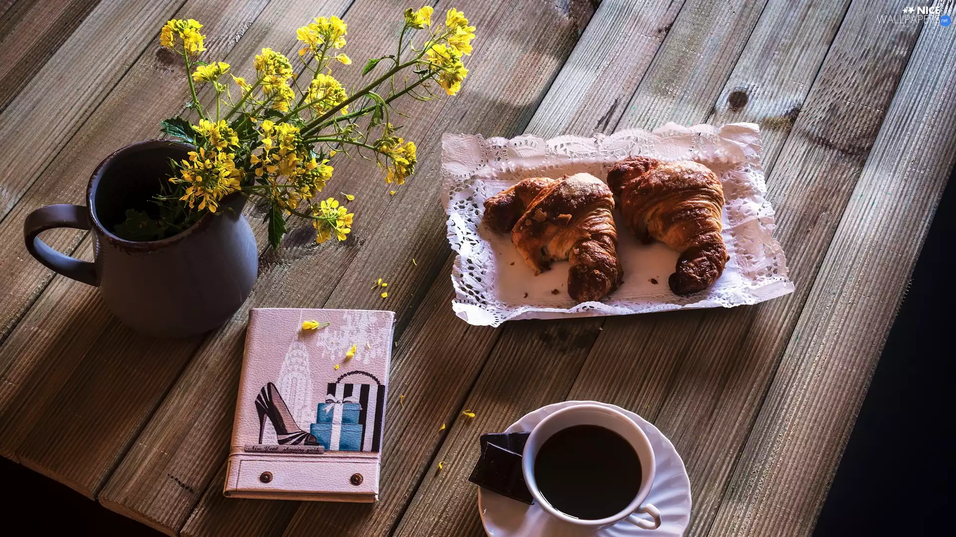 croissants, composition, Flowers, note-book, Yellow, coffee