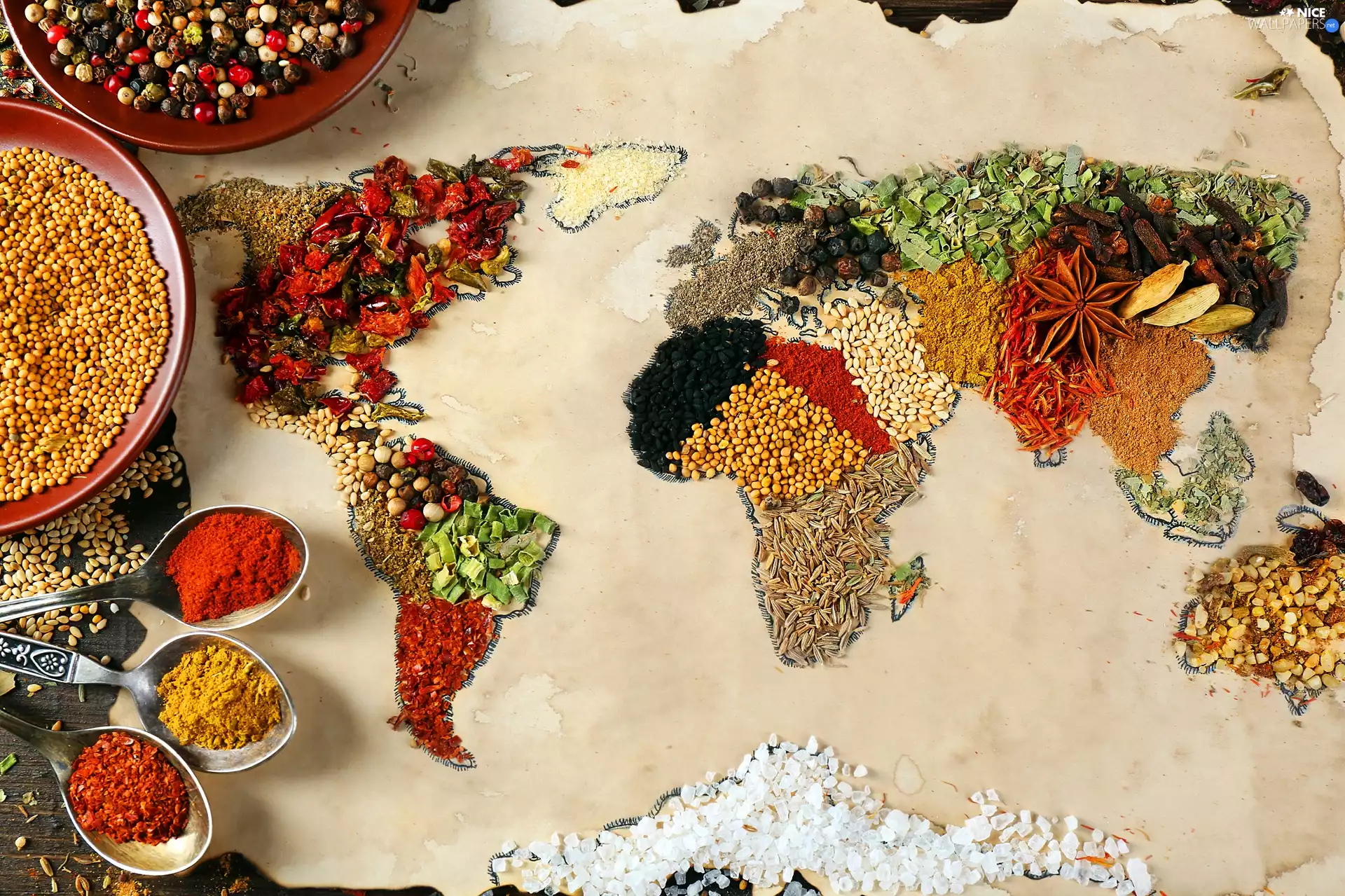 spice, Map, Minced, Spoons, pepper, salt, Nutmeg, Continents, world, knob, pepper