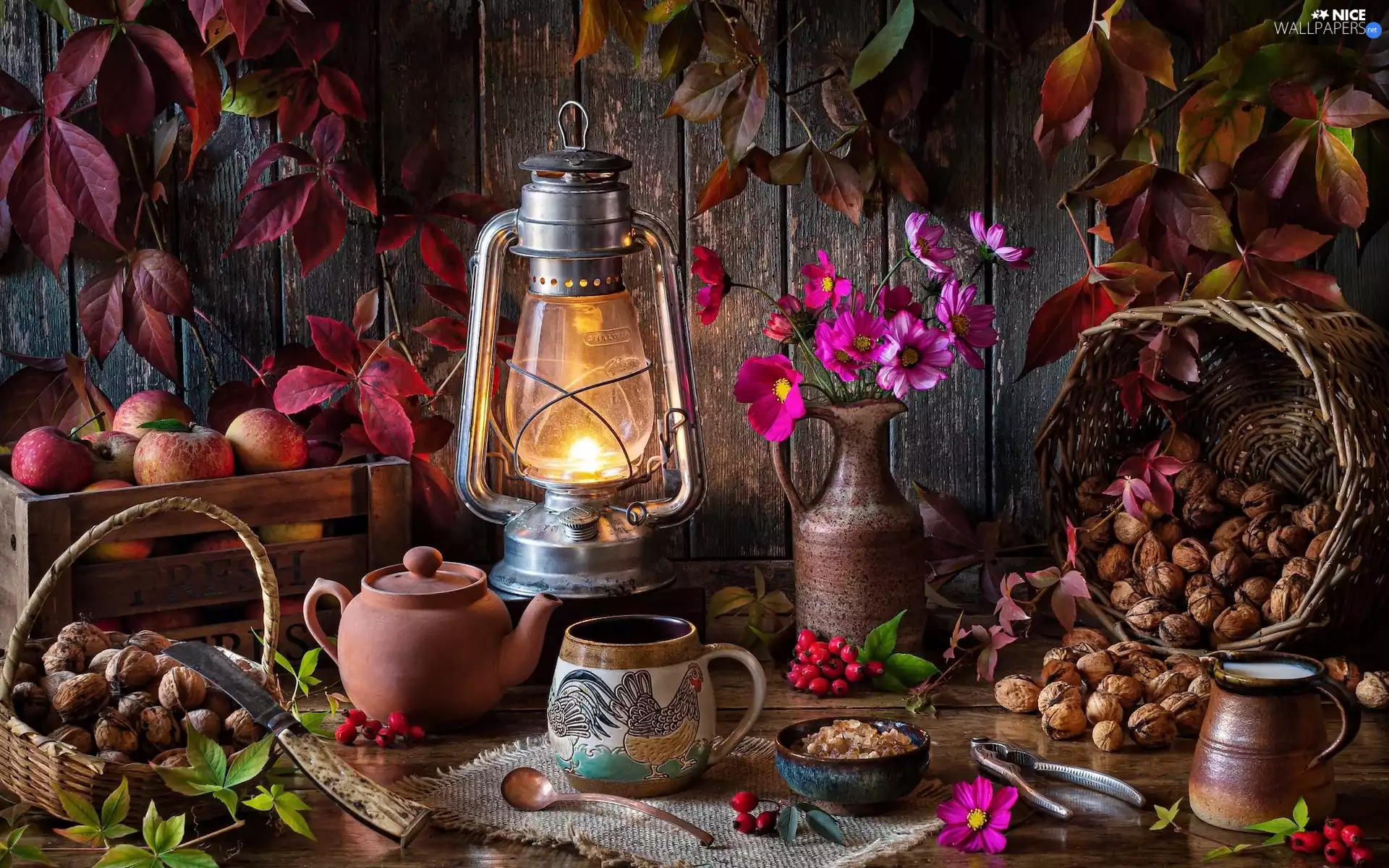 Lamp, Leaf, apples, Flowers, basket, autumn, composition, nuts