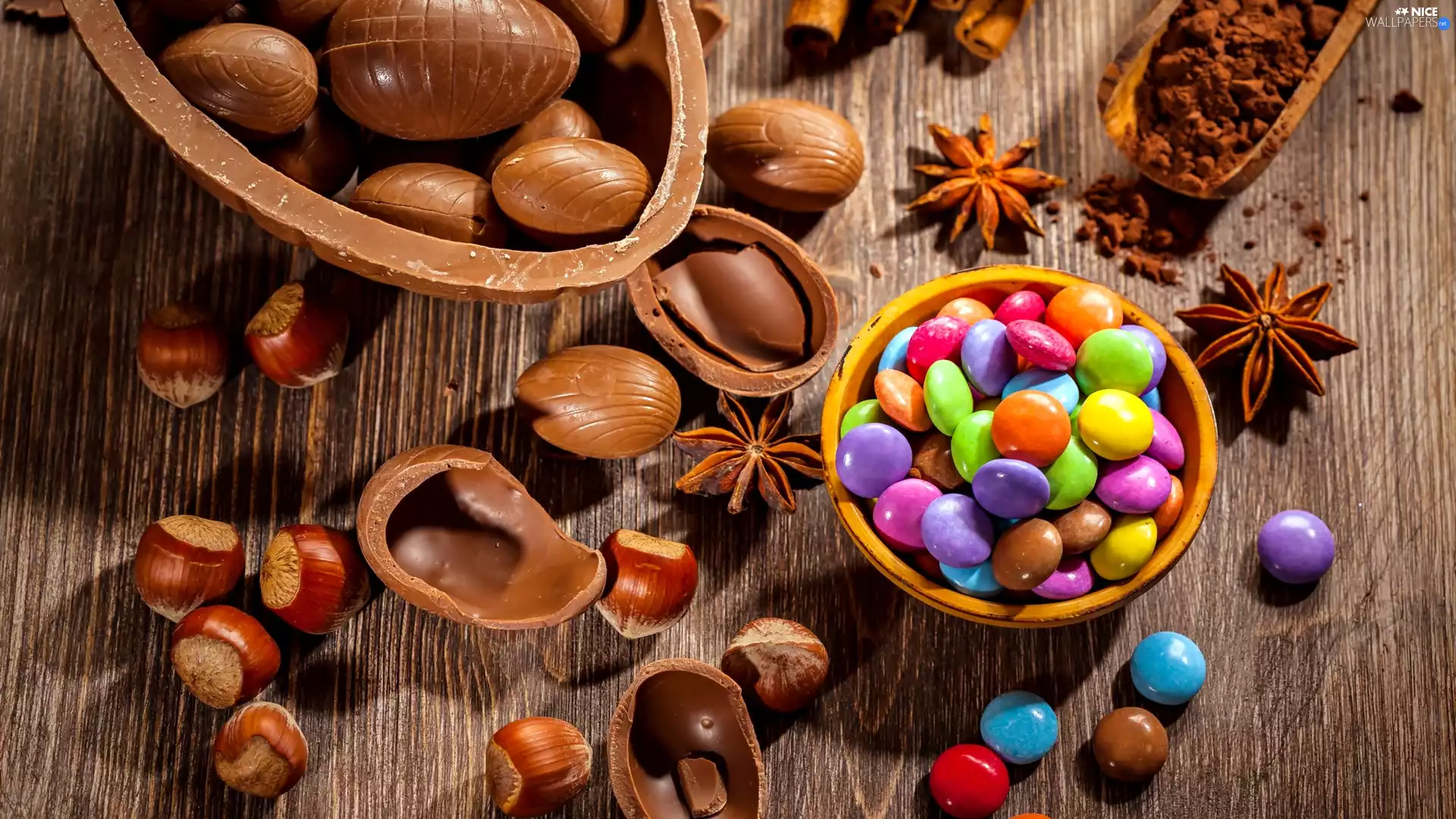 Drops, nuts, eggs, color, chocolate