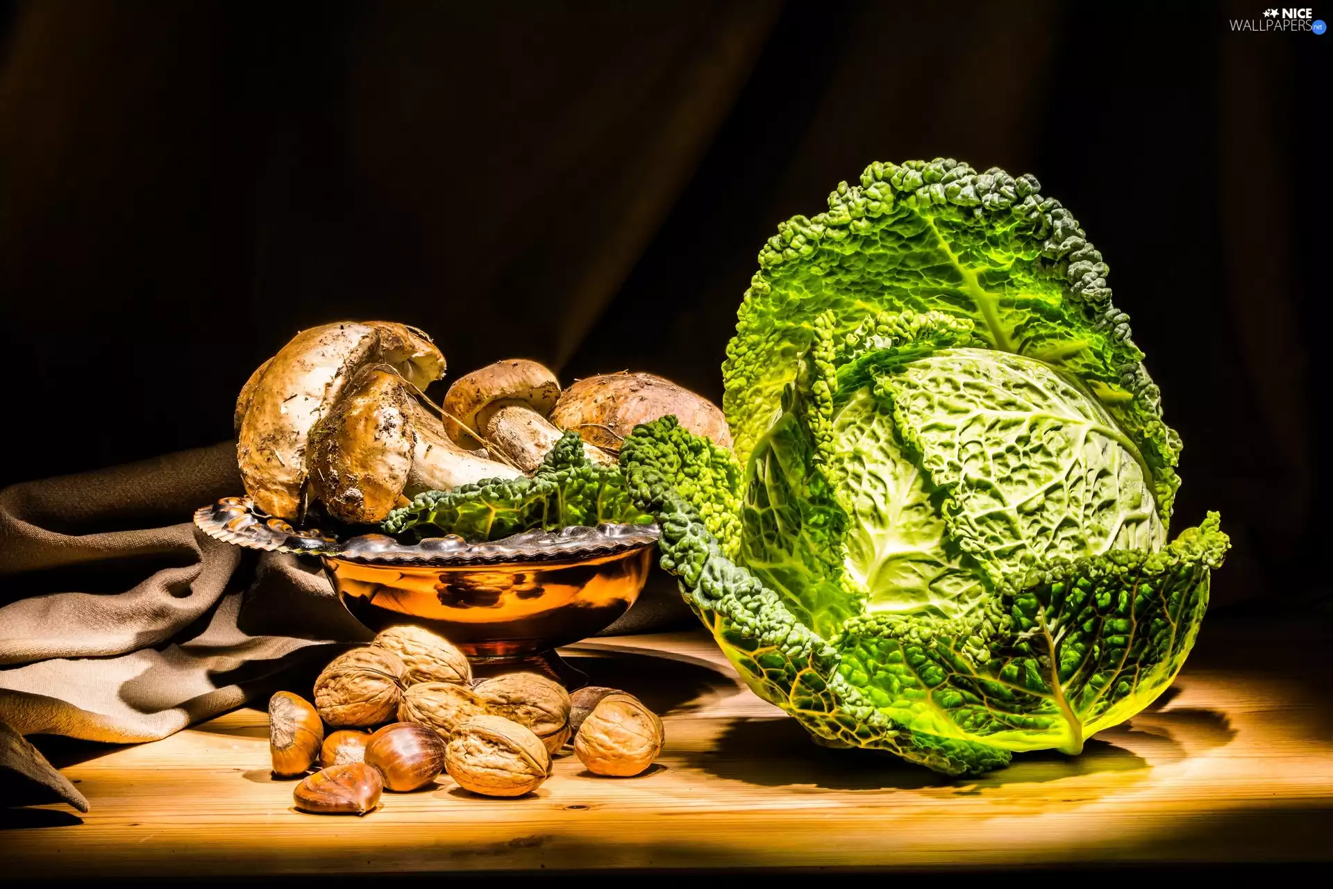 nuts, cabbage, mushrooms