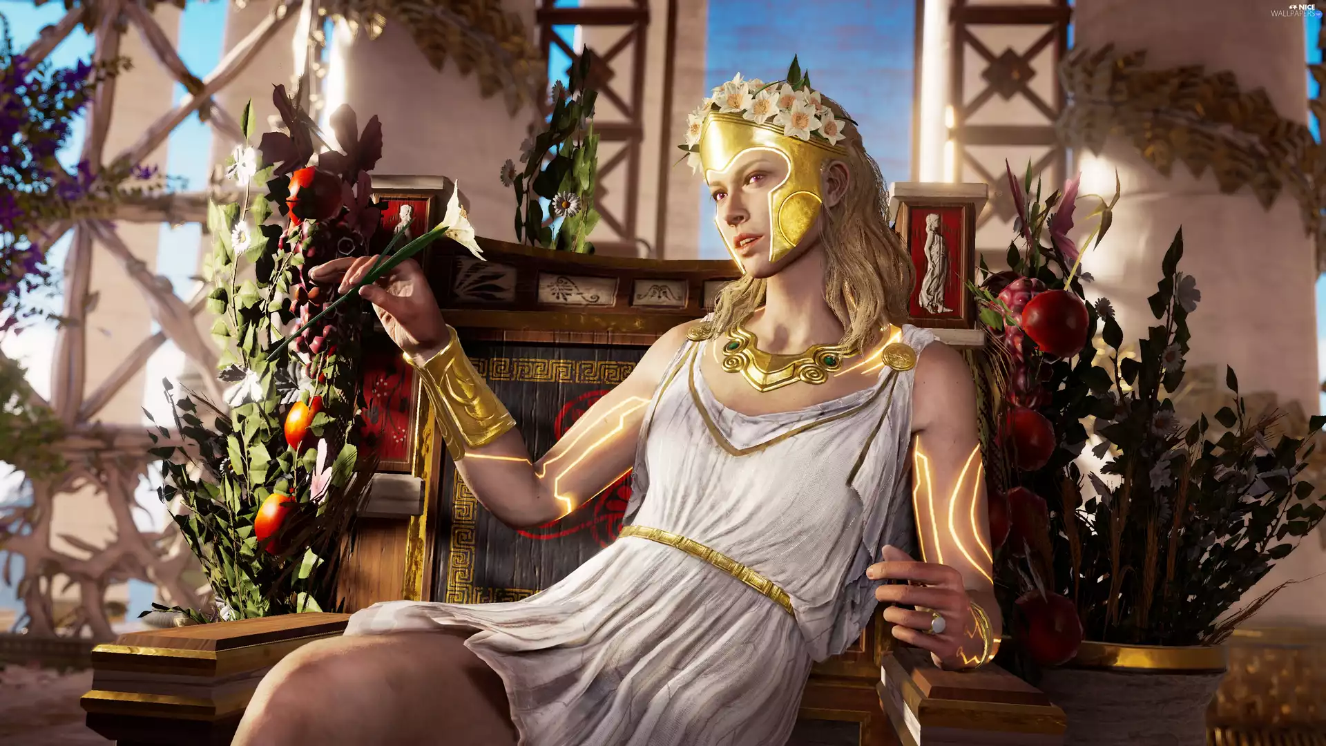 game, Assassins Creed Odyssey, Blonde, Flowers, Women