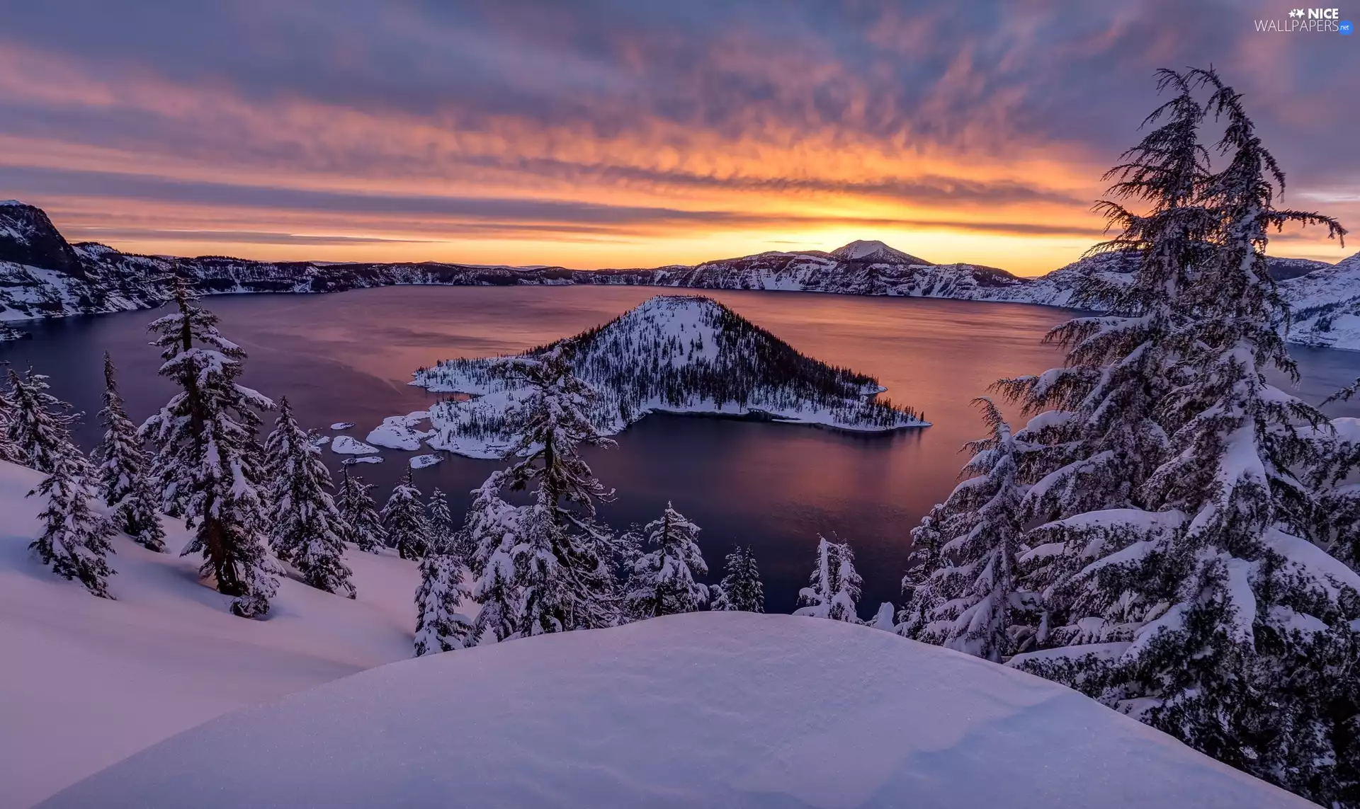 viewes, Mountains, Island of Wizard, State of Oregon, winter, Crater Lake National Park, Crater Lake, The United States, Sunrise, trees
