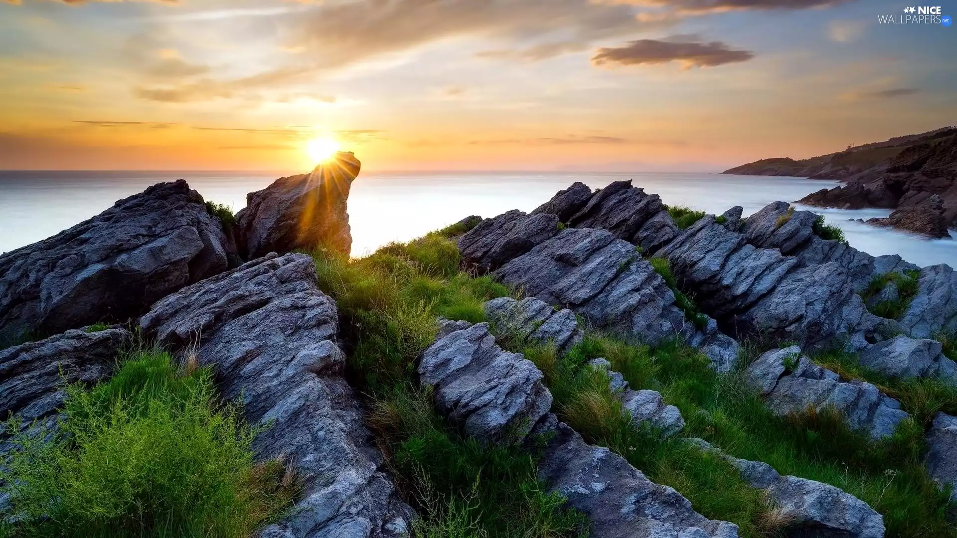 sea, grass, rays of the Sun, rocks