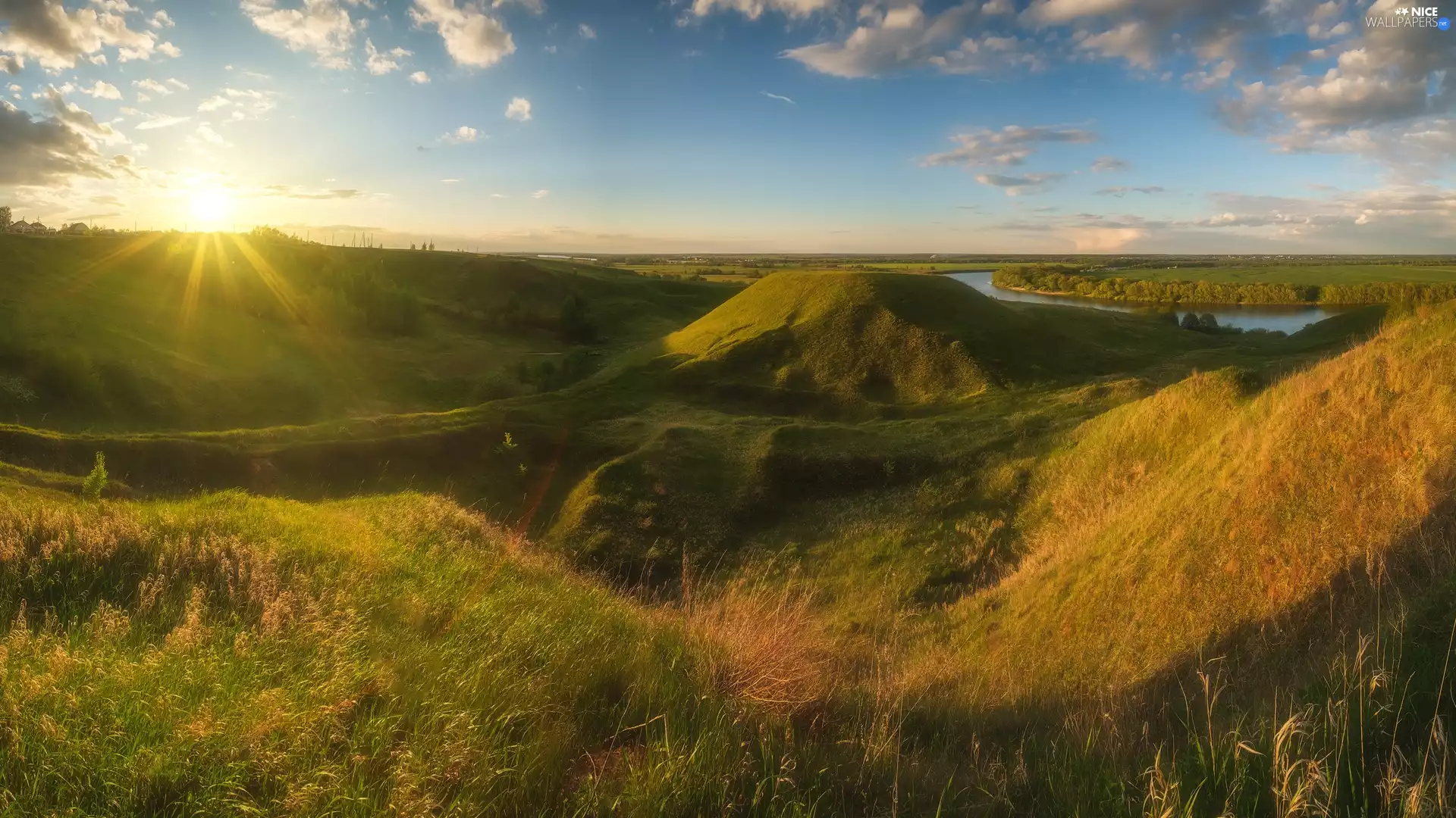 River, Hill, rays of the Sun, Meadow