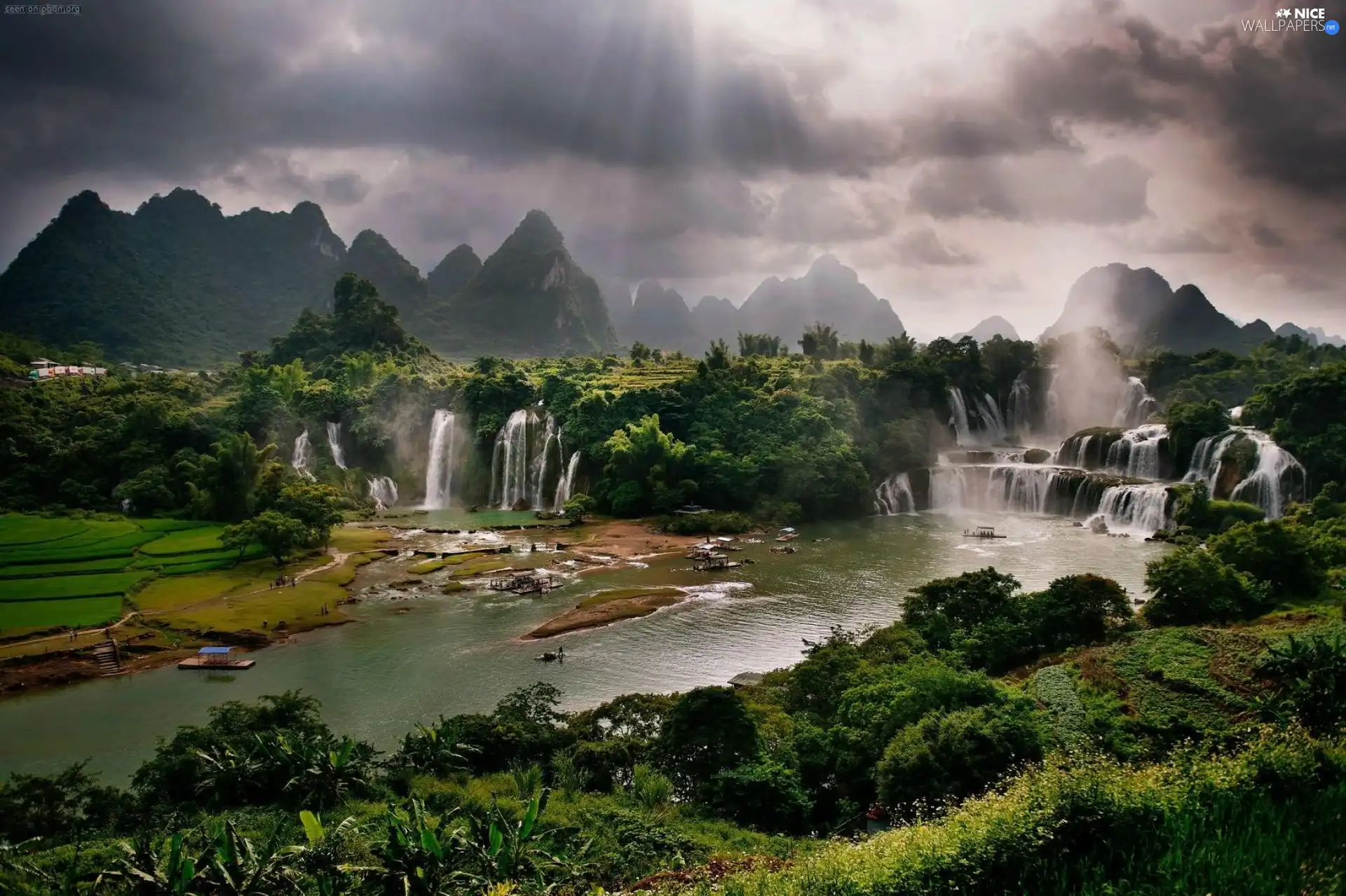 River, Mountains, rays of the Sun, waterfalls