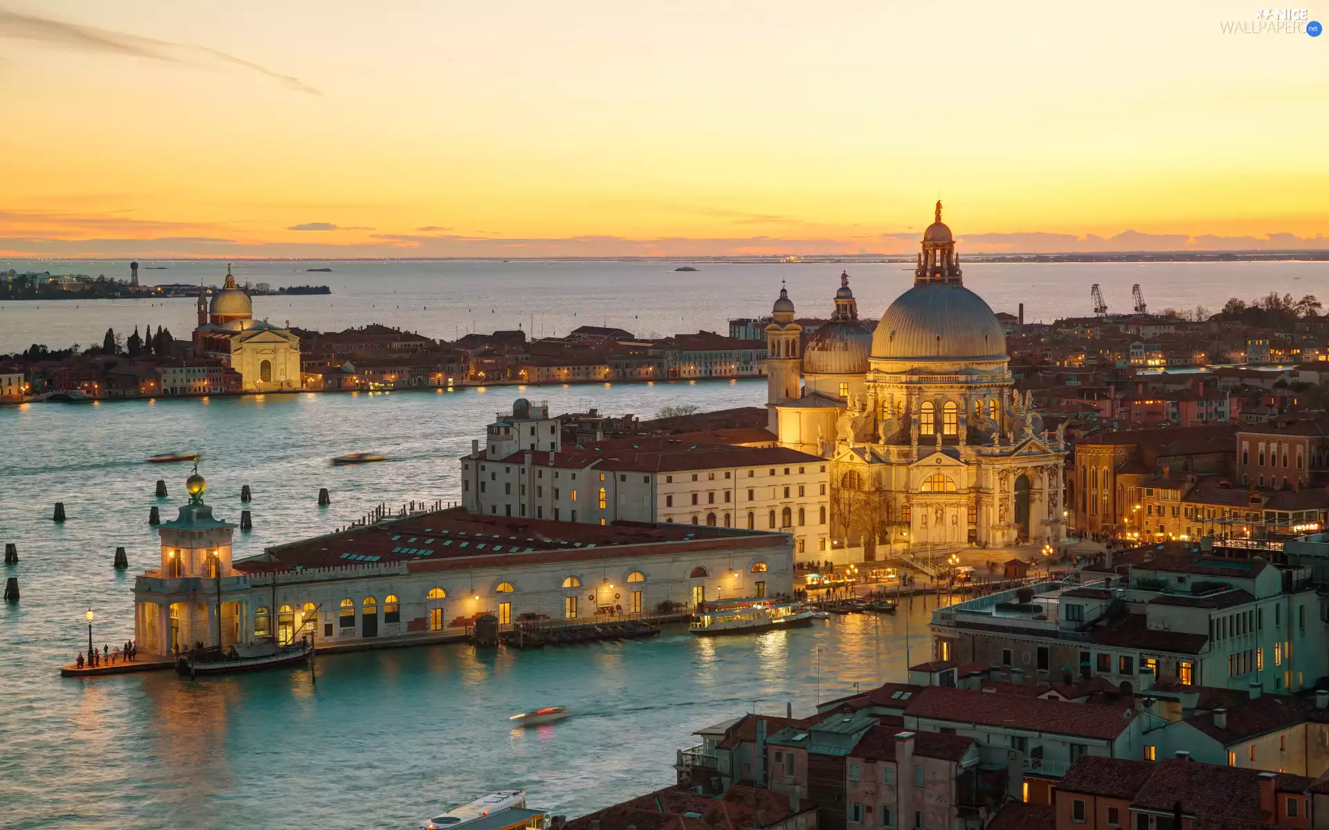 canal, Italy, Basilica of Santa Maria della Salute, Great Sunsets, Canal Grande, Venice