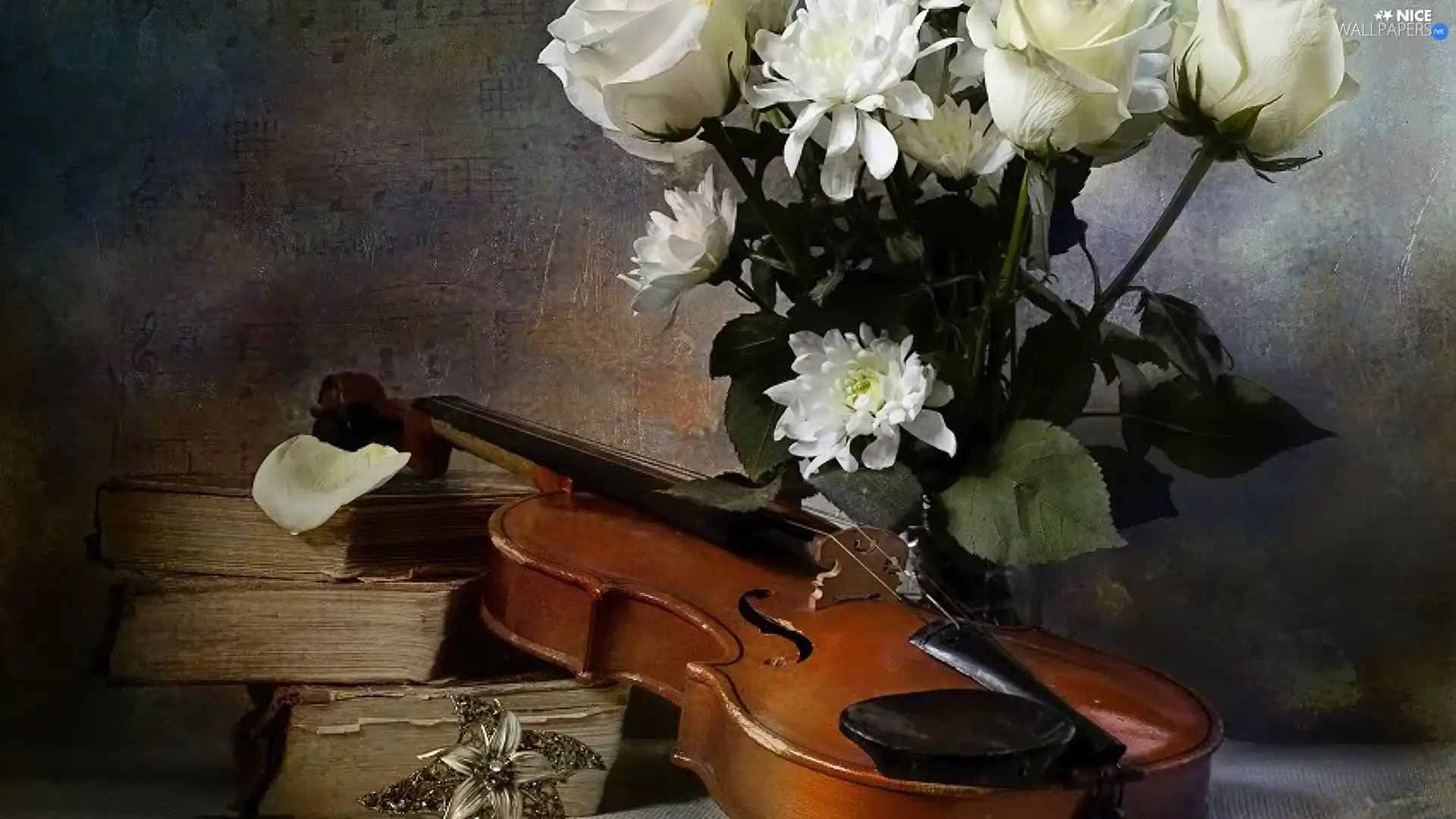 old, Books, flowers, violin, bouquet