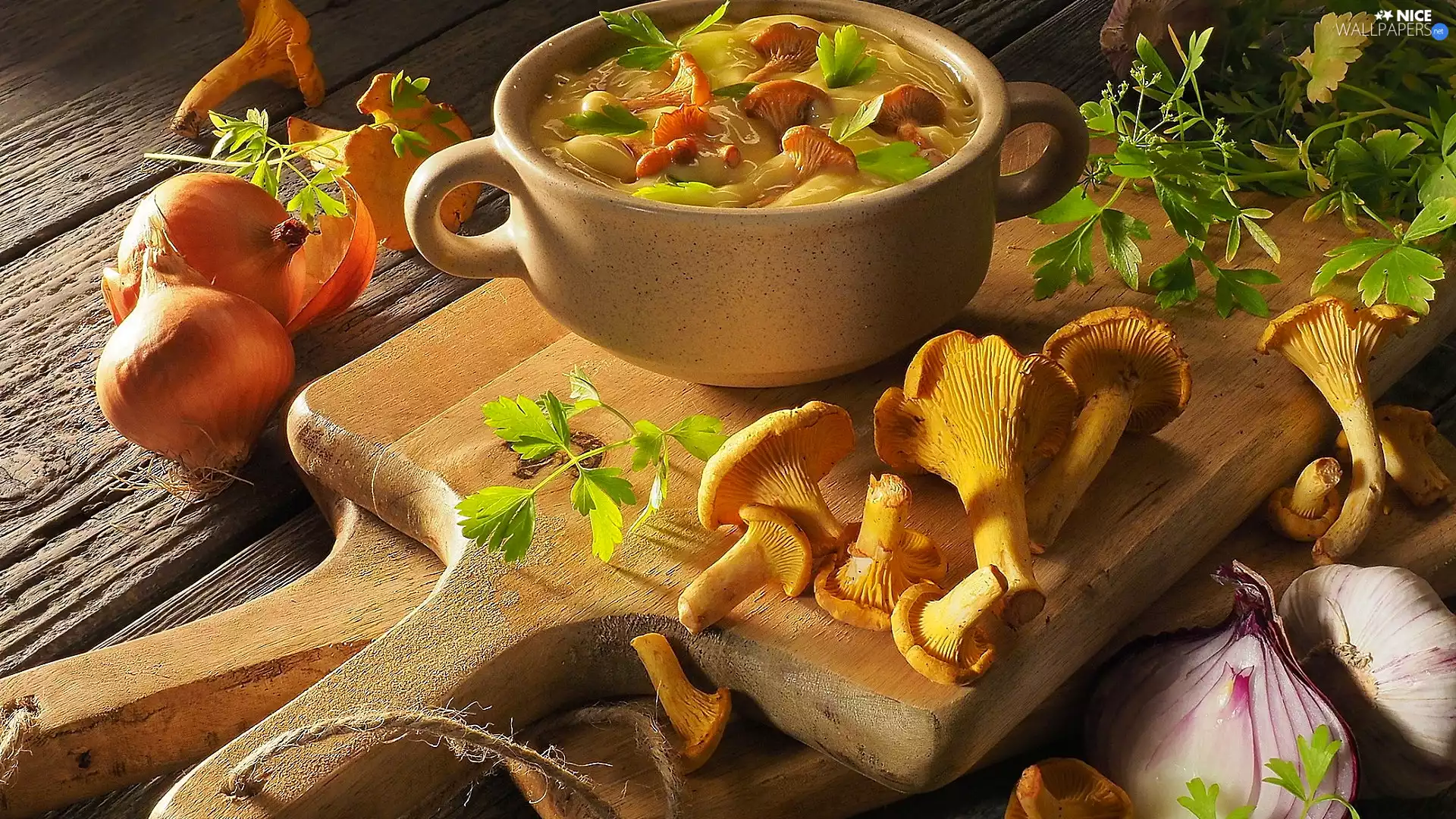 soup, mushrooms, boarding, onion, bowl, cocks