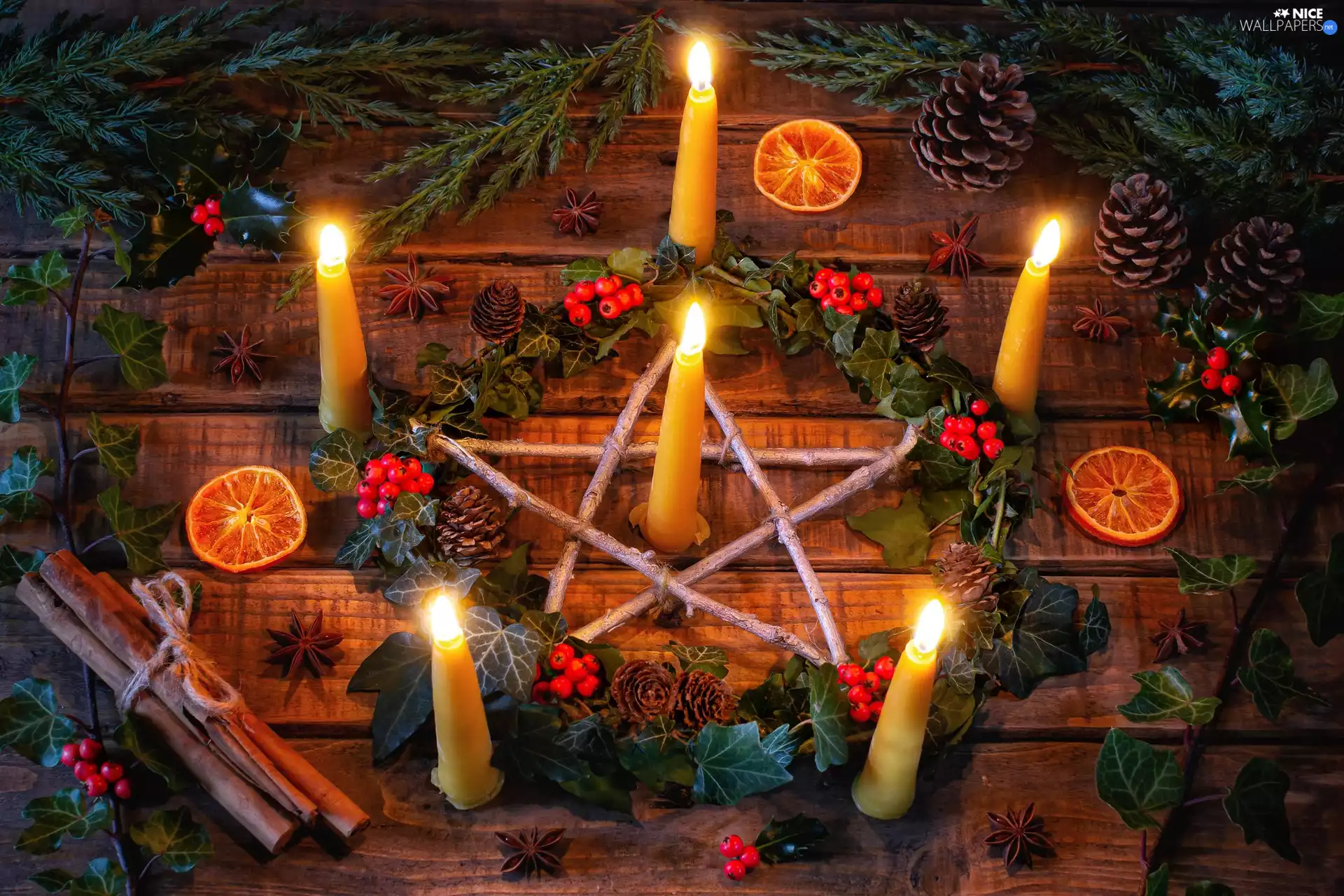 wreath, Christmas, Twigs, starfish, cones, cinnamon, orange, Candles, composition, slices, Plant