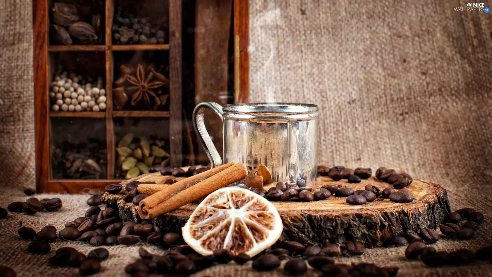 Cup, coffee, anise, orange, cinnamon, grains