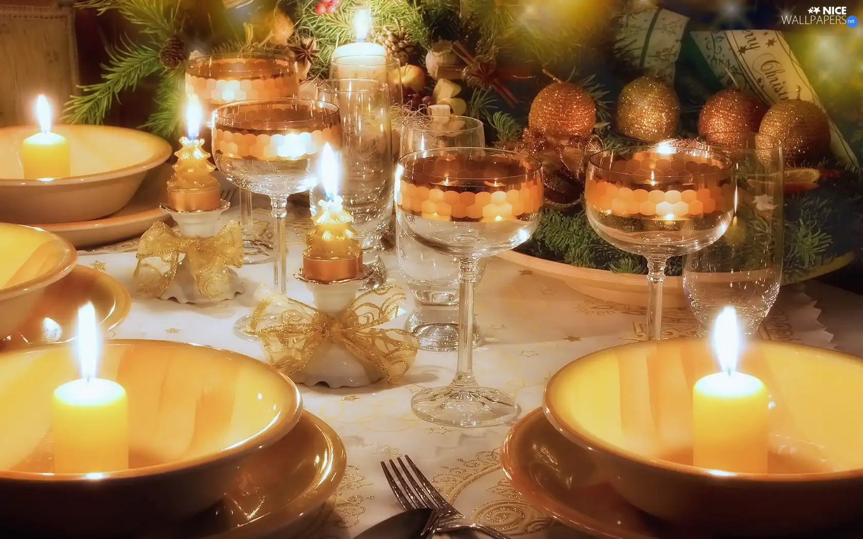 Plates, ornamentation, table, Christmas, cover, glasses, candles, decoration