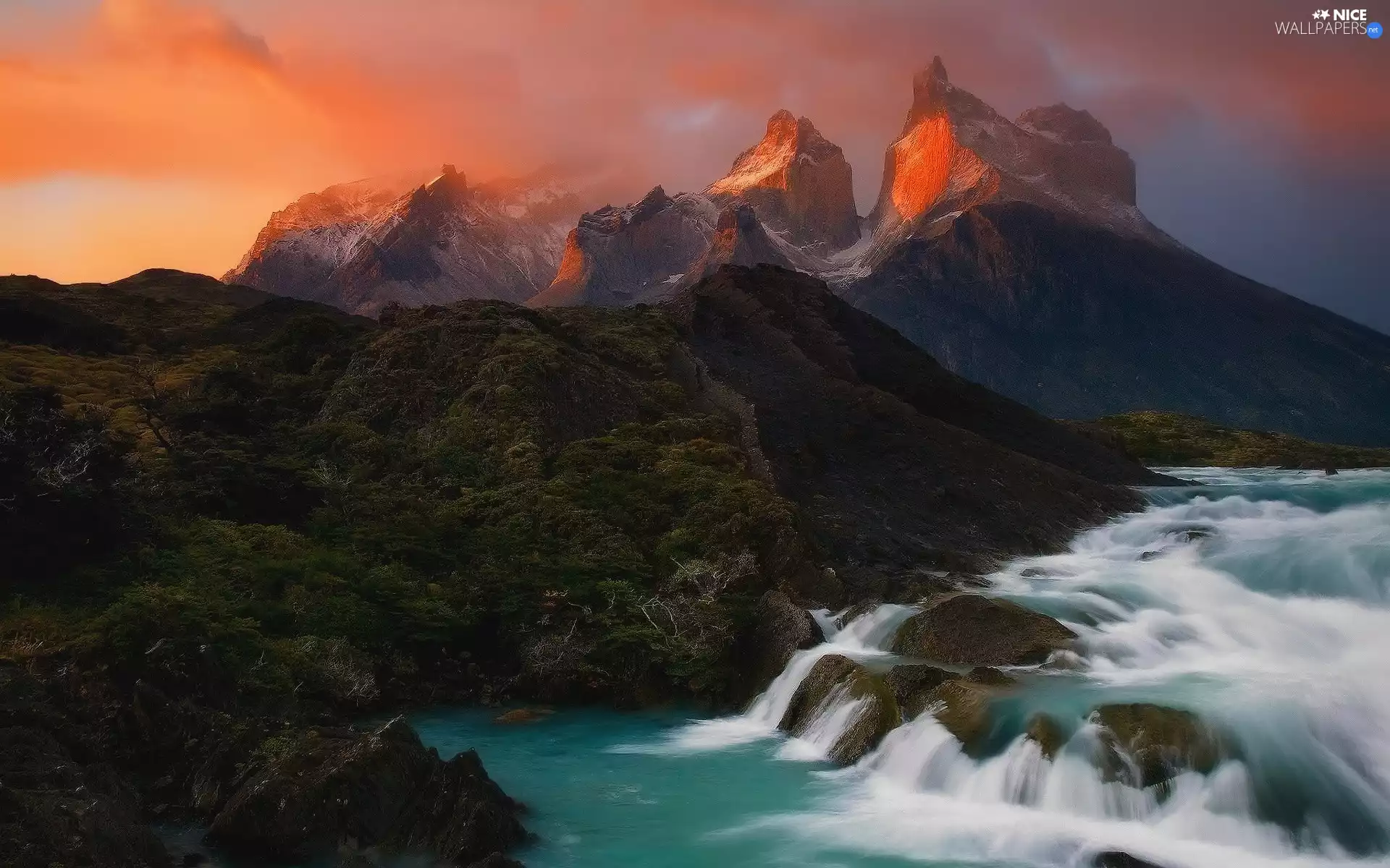 Great Sunsets, Andy, River, Mountains, Chile, waterfall, Torres del Paine National Park