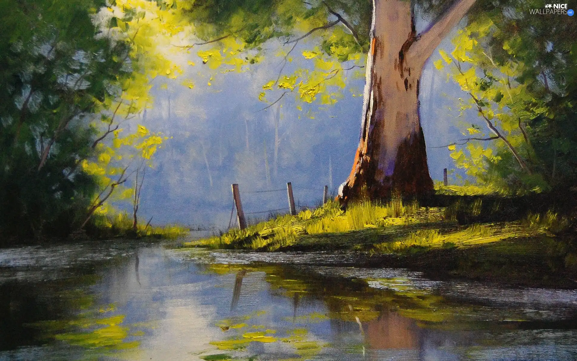 viewes, water, painting, paint, green, trees